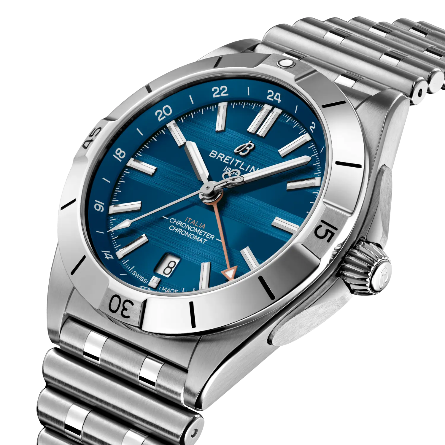 Breitling Chronomat Automatic GMT 40 Six Nations Italy reference A323981C1C1A1 with Blue dial, Stainless steel case, bracelet, three-quarter view
