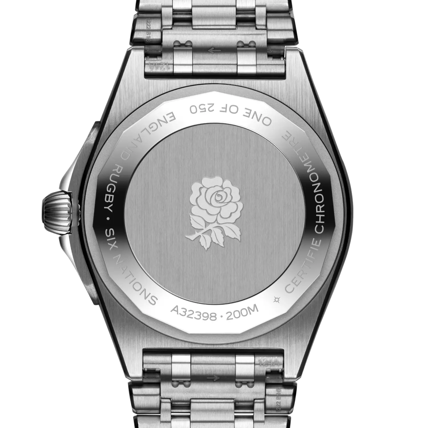 Caseback view of Breitling Chronomat Automatic GMT 40 Six Nations England reference A323985B1A1A1