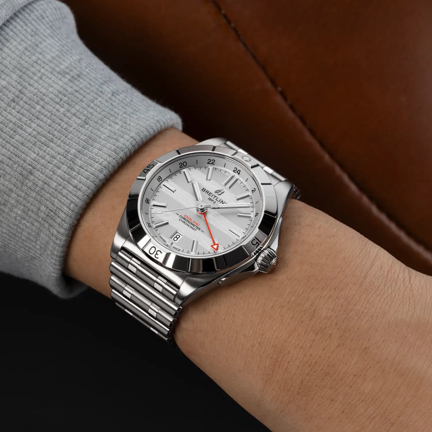 Breitling Chronomat Automatic GMT 40 Six Nations England reference A323985B1A1A1 with White dial, Stainless steel case, bracelet, on-wrist view