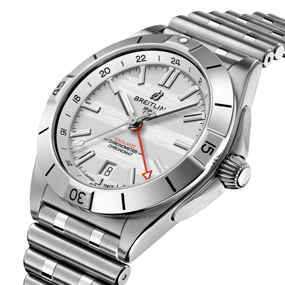 Breitling Chronomat Automatic GMT 40 Six Nations England reference A323985B1A1A1 with White dial, Stainless steel case, bracelet, front view