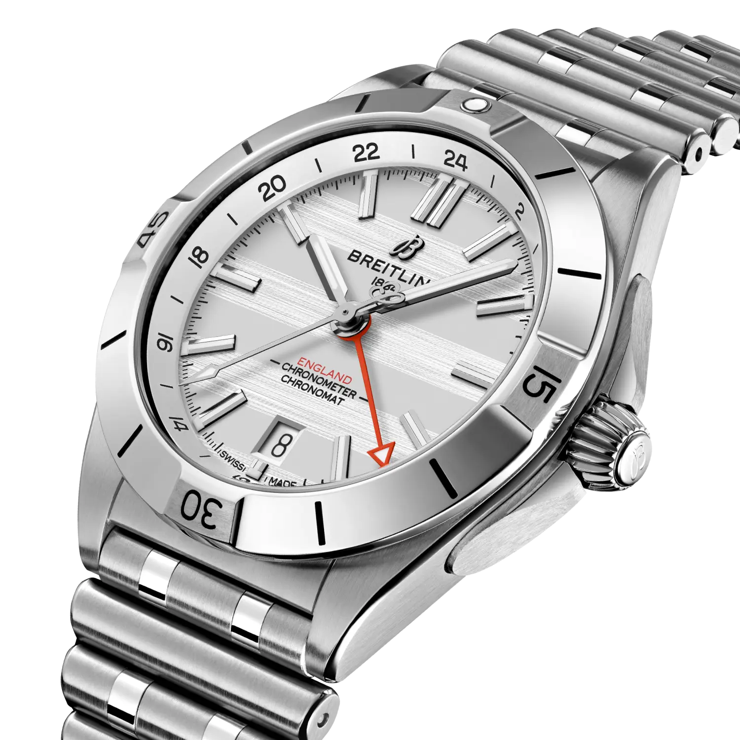 Breitling Chronomat Automatic GMT 40 Six Nations England reference A323985B1A1A1 with White dial, Stainless steel case, bracelet, three-quarter view