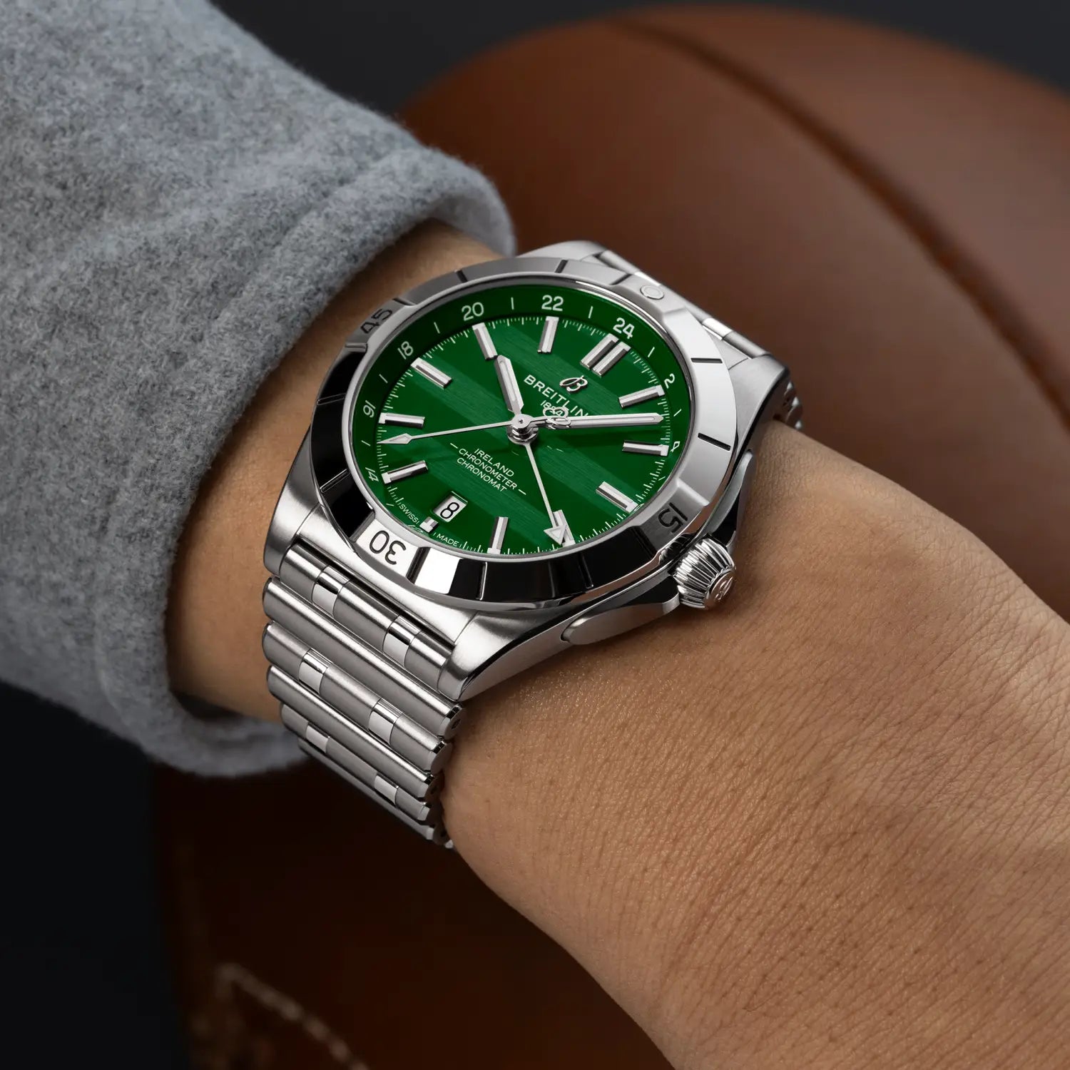 Breitling Chronomat Automatic GMT 40 Six Nations Ireland reference A323987B1L1A1 with Green dial, Stainless steel case, bracelet, on-wrist view