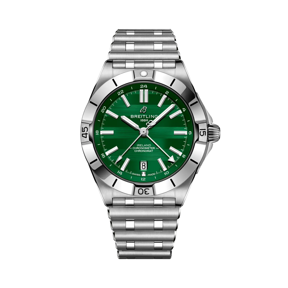 Breitling Chronomat Automatic GMT 40 Six Nations Ireland reference A323987B1L1A1 with Green dial, Stainless steel case, bracelet, front view