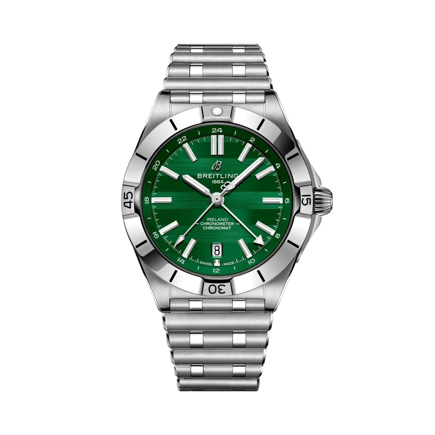 Breitling Chronomat Automatic GMT 40 Six Nations Ireland reference A323987B1L1A1 with Green dial, Stainless steel case, bracelet, front view