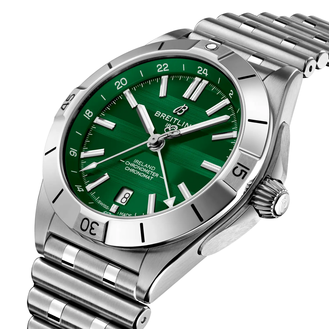 Breitling Chronomat Automatic GMT 40 Six Nations Ireland reference A323987B1L1A1 with Green dial, Stainless steel case, bracelet, front view