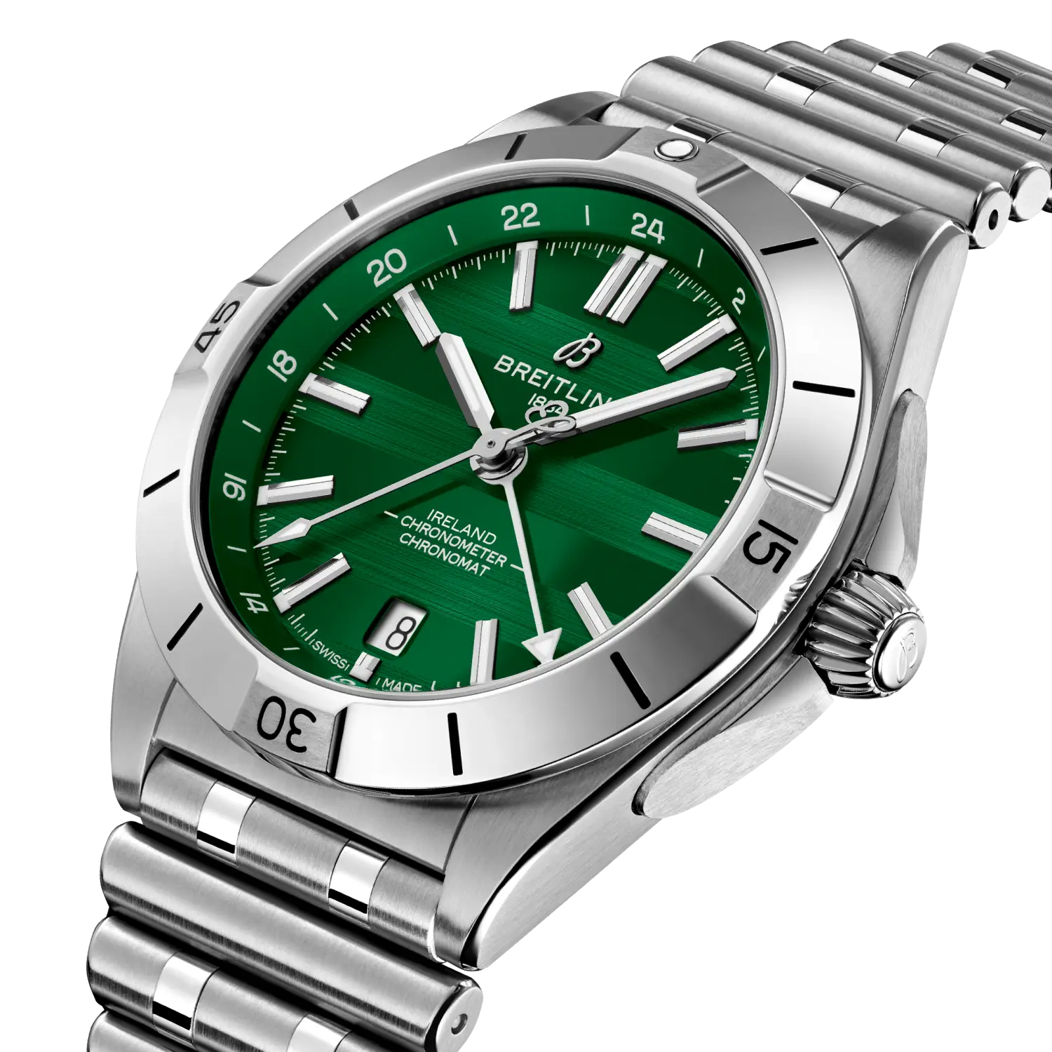 Breitling Chronomat Automatic GMT 40 Six Nations Ireland reference A323987B1L1A1 with Green dial, Stainless steel case, bracelet, three-quarter view