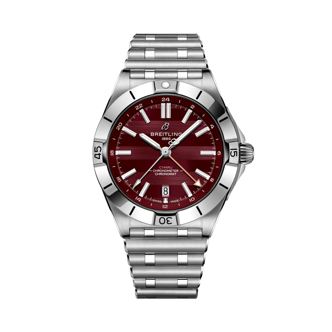 Breitling Chronomat Automatic GMT 40 Six Nations Wales reference A323988B1K1A1 with Burgundy dial, Stainless steel case, bracelet, front view