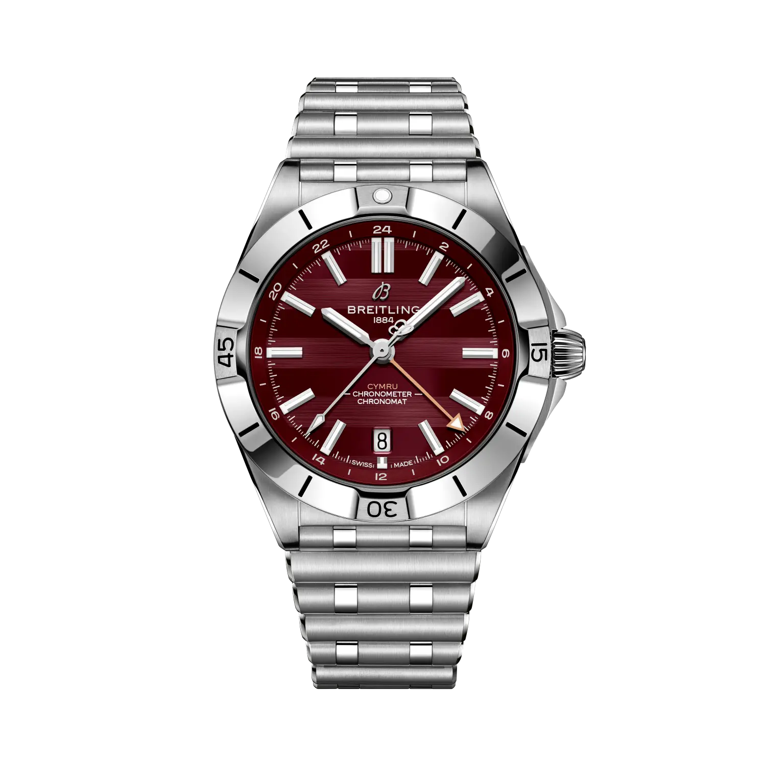 Breitling Chronomat Automatic GMT 40 Six Nations Wales reference A323988B1K1A1 with Burgundy dial, Stainless steel case, bracelet, front view