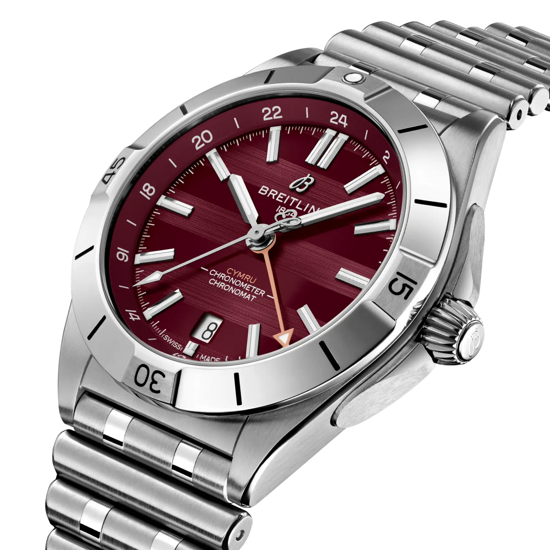Breitling Chronomat Automatic GMT 40 Six Nations Wales reference A323988B1K1A1 with Burgundy dial, Stainless steel case, bracelet, front view