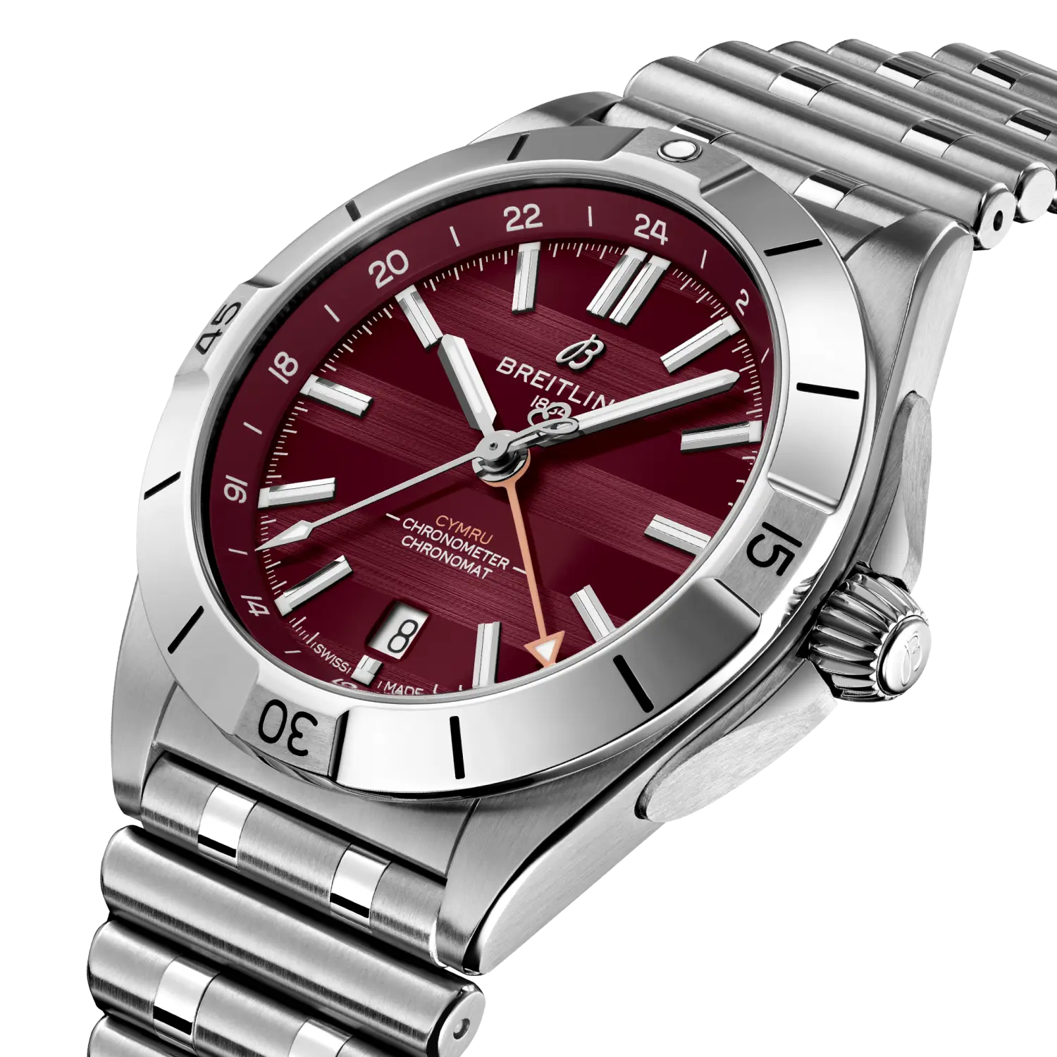 Breitling Chronomat Automatic GMT 40 Six Nations Wales reference A323988B1K1A1 with Burgundy dial, Stainless steel case, bracelet, three-quarter view