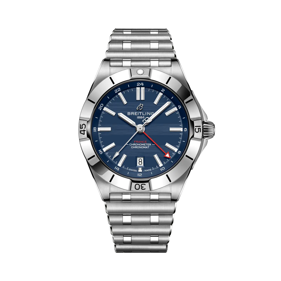 Breitling Chronomat Automatic GMT 40 Six Nations France reference A323989B1C1A1 with Blue dial, Stainless steel case, bracelet, front view