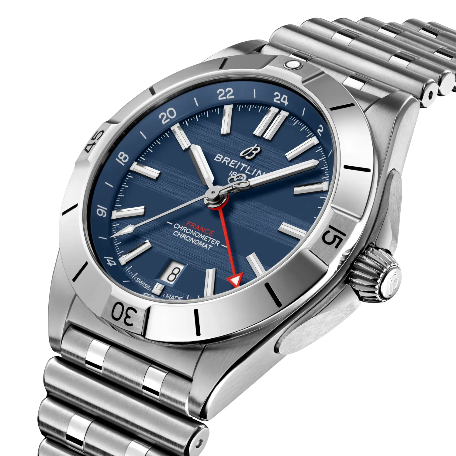 Breitling Chronomat Automatic GMT 40 Six Nations France reference A323989B1C1A1 with Blue dial, Stainless steel case, bracelet, three-quarter view