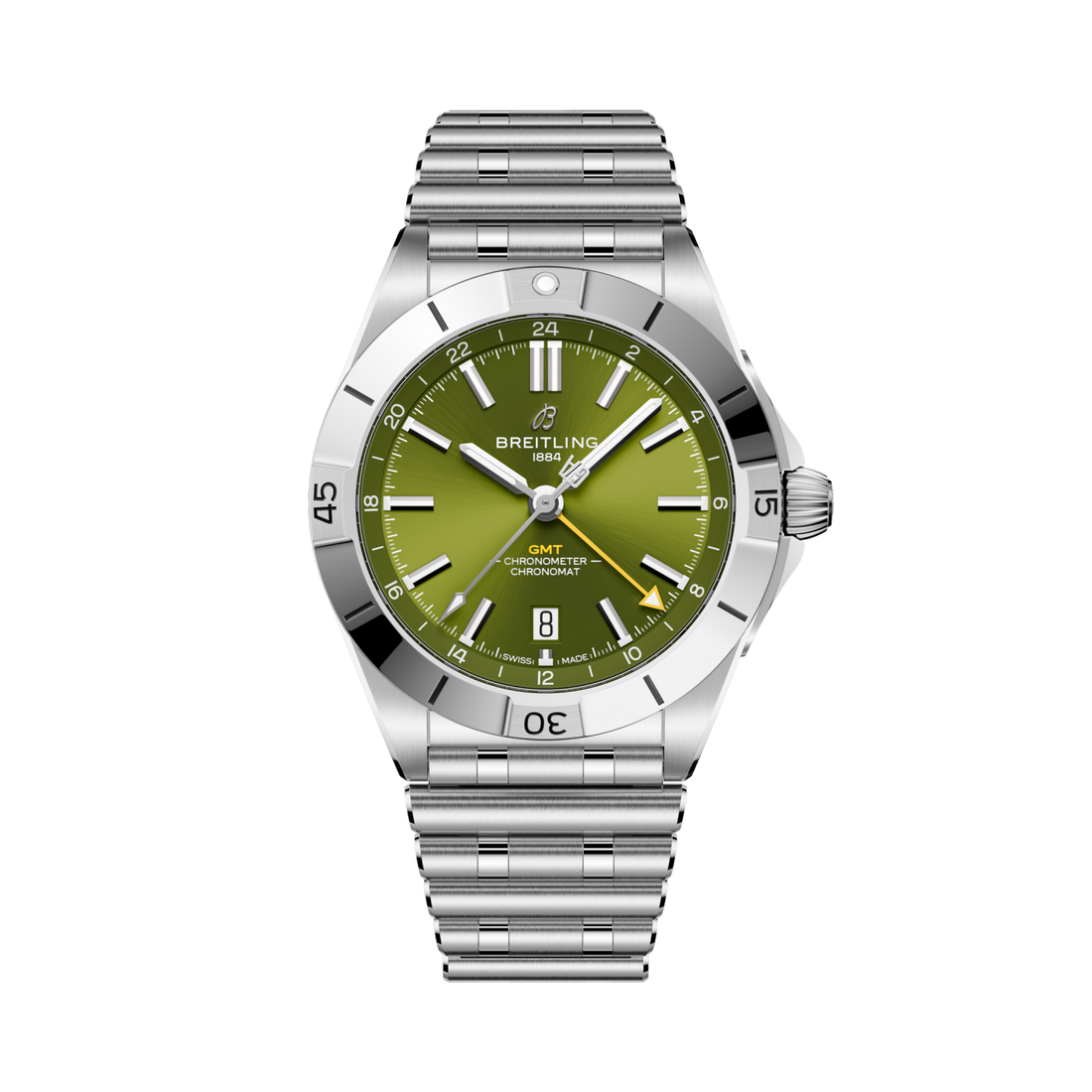 Breitling Chronomat Automatic GMT 40 Giannis Antetokounmpo reference A32398A11L1A1 with Green dial, Stainless steel case, bracelet, front view