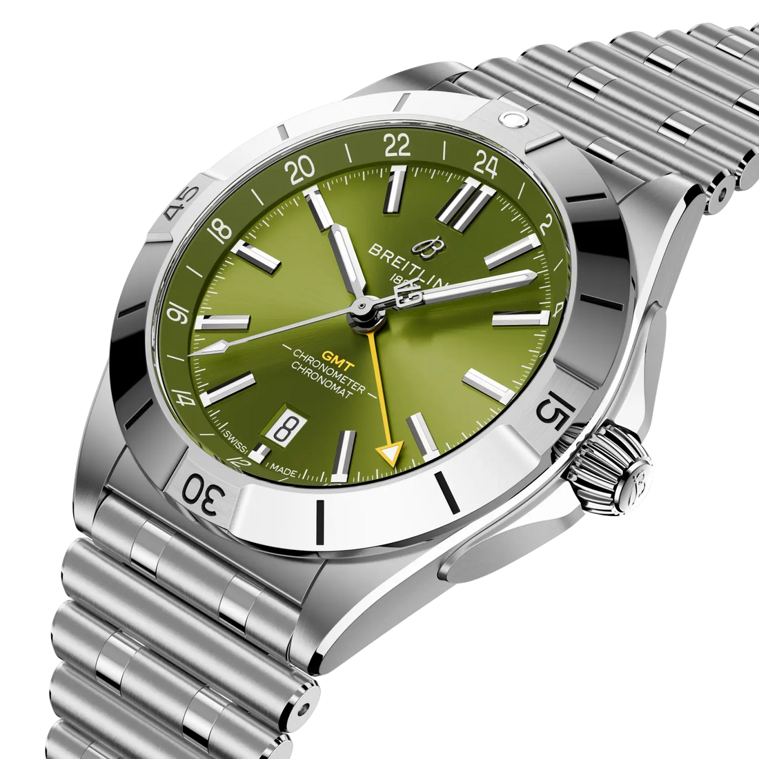 Breitling Chronomat Automatic GMT 40 Giannis Antetokounmpo reference A32398A11L1A1 with Green dial, Stainless steel case, bracelet, front view