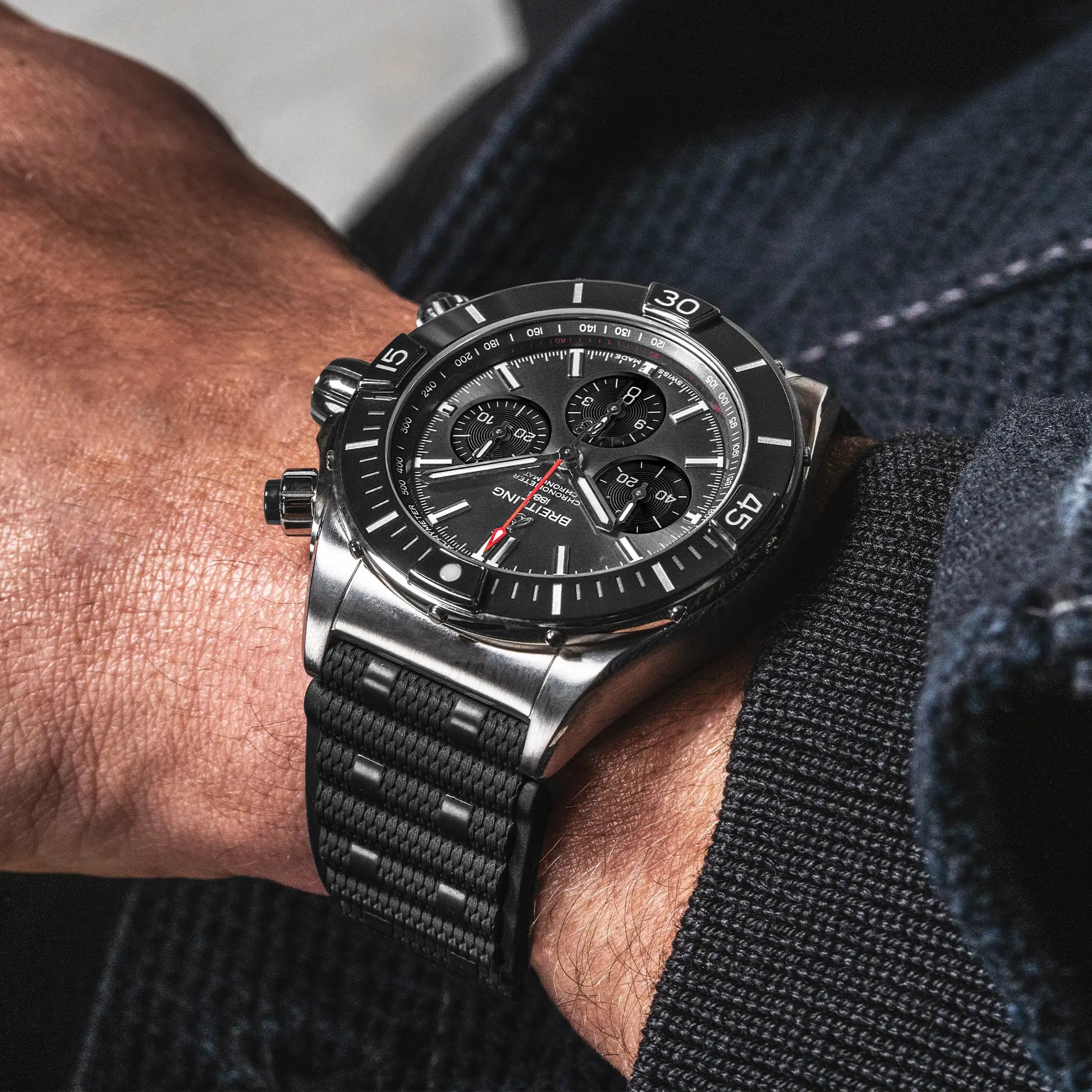 Breitling Super Chronomat B01 44 reference AB0136251B2S1 with Anthracite dial, Stainless steel case, rubber strap, on-wrist view