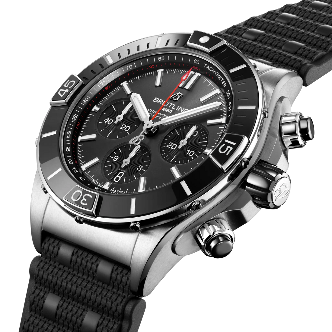 Breitling Super Chronomat B01 44 reference AB0136251B2S1 with Anthracite dial, Stainless steel case, rubber strap, front view