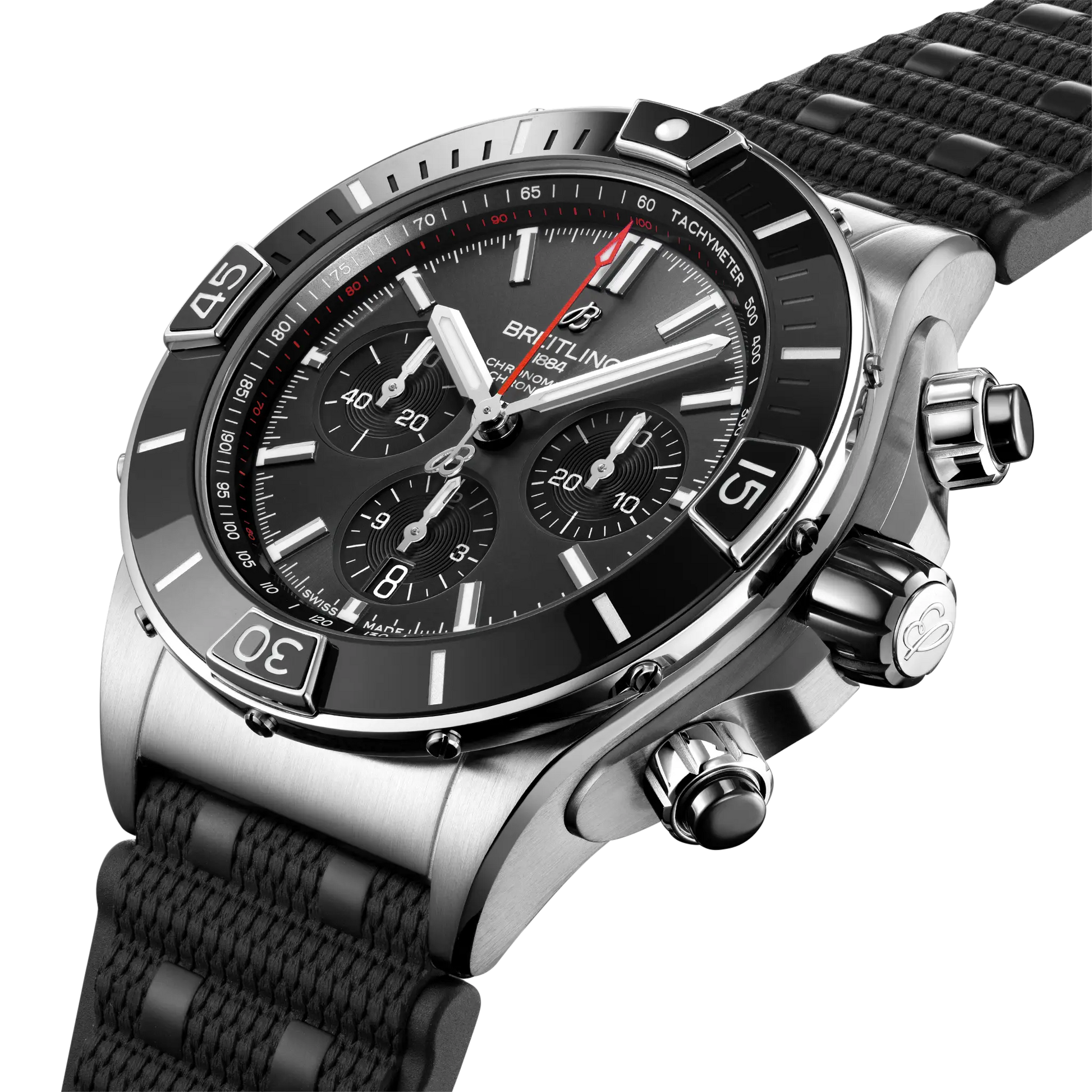 Breitling Super Chronomat B01 44 reference AB0136251B2S1 with Anthracite dial, Stainless steel case, rubber strap, three-quarter view