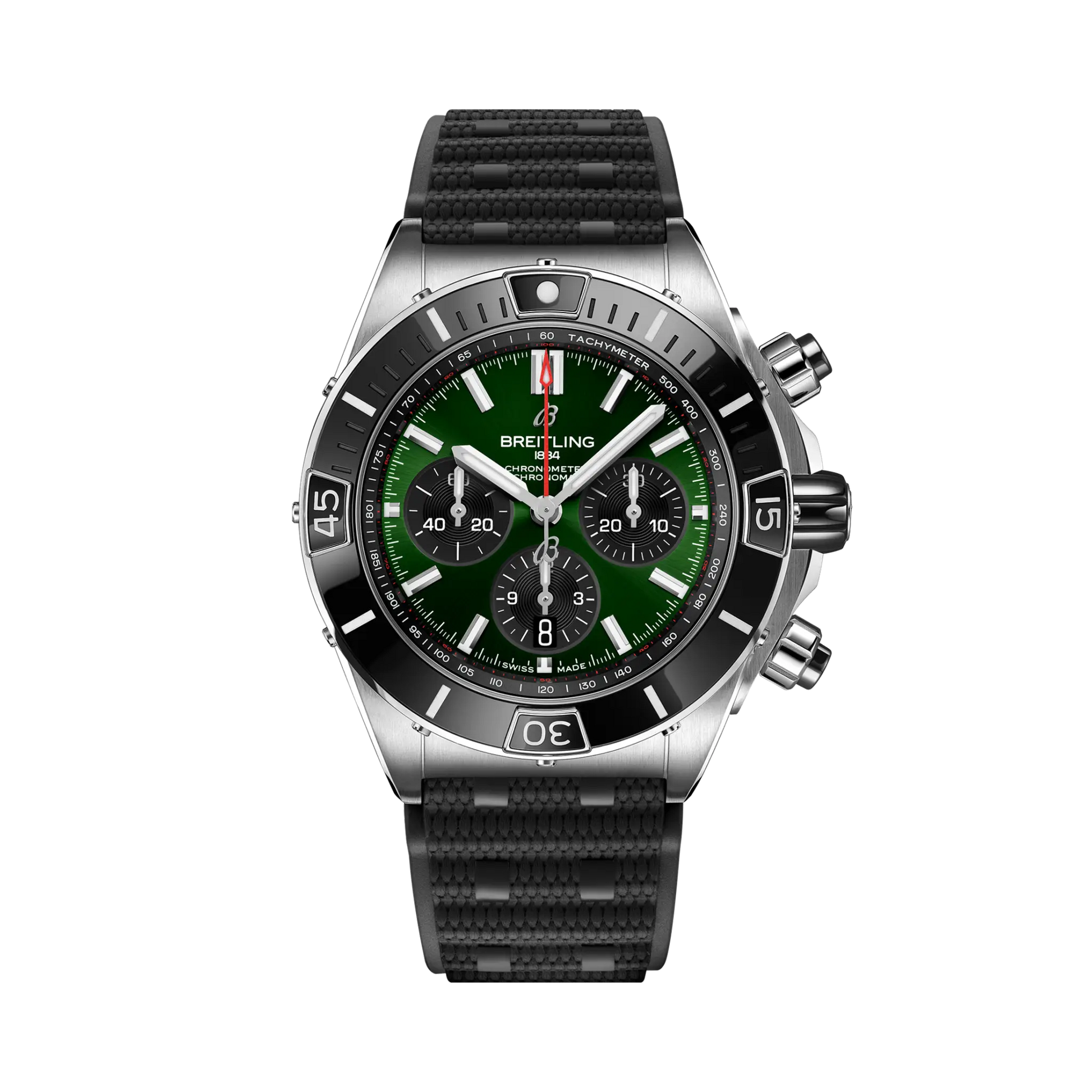 Breitling Super Chronomat B01 44 reference AB0136251L1S1 with Green dial, Stainless steel case, rubber strap, front view