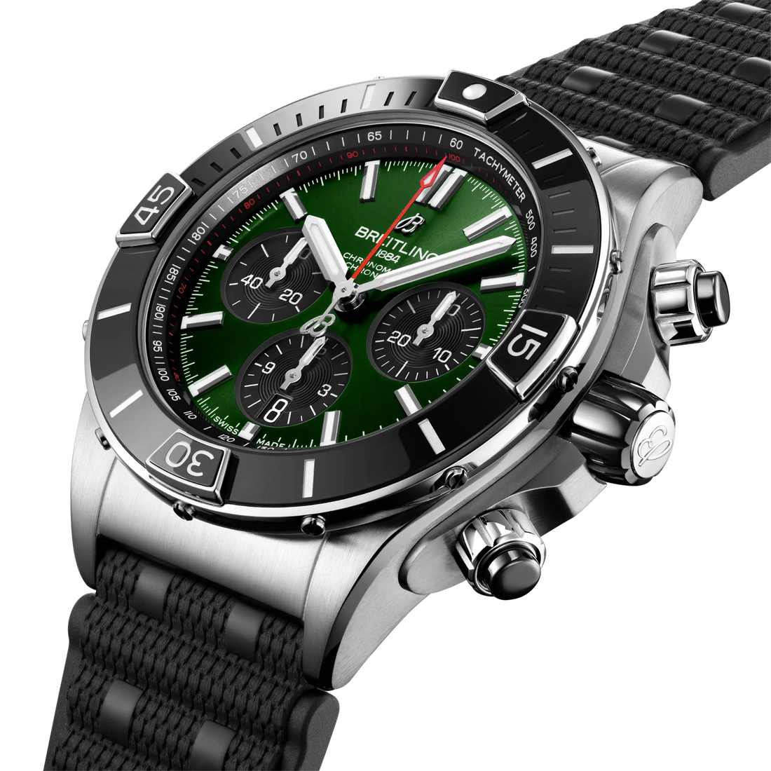 Breitling Super Chronomat B01 44 reference AB0136251L1S1 with Green dial, Stainless steel case, rubber strap, front view