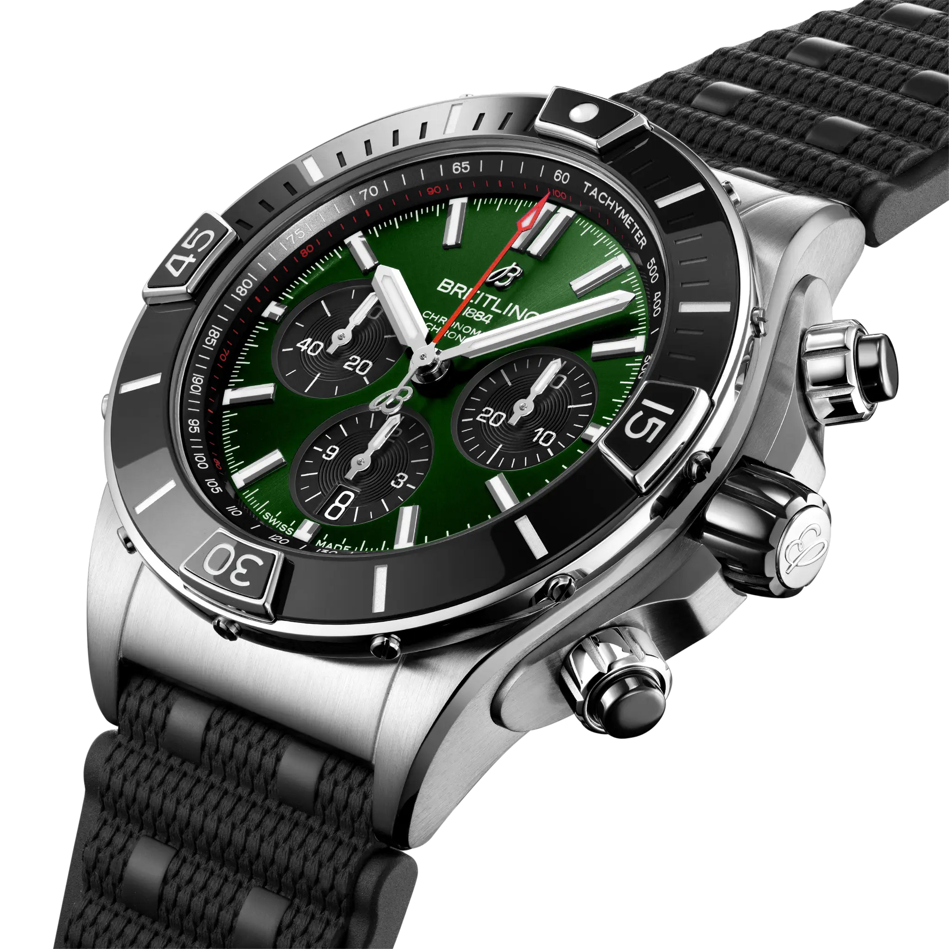 Breitling Super Chronomat B01 44 reference AB0136251L1S1 with Green dial, Stainless steel case, rubber strap, three-quarter view