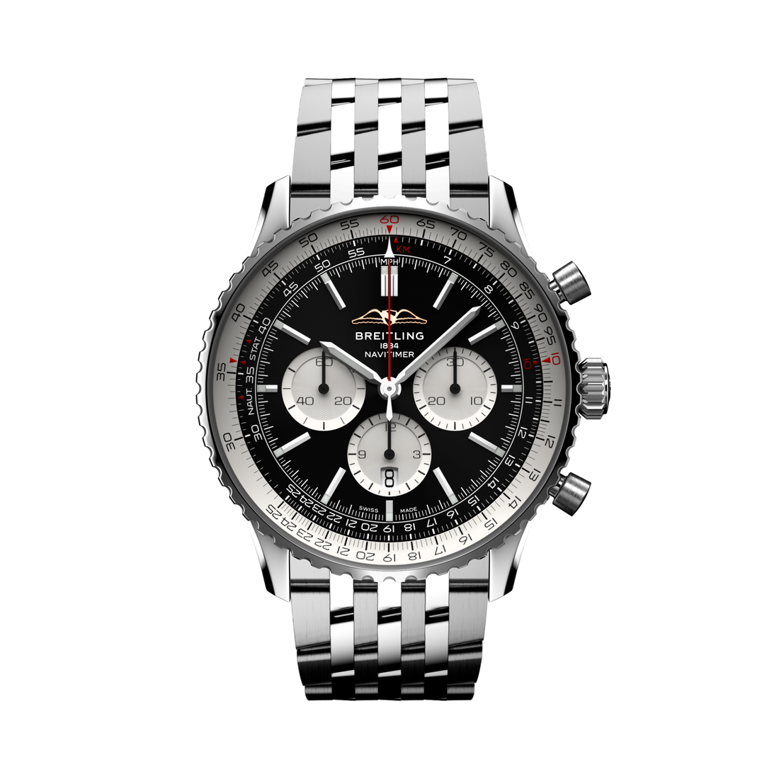 Breitling Navitimer B01 Chronograph 46 reference AB0137211B1A1 with Black dial, Stainless steel case, bracelet, front view