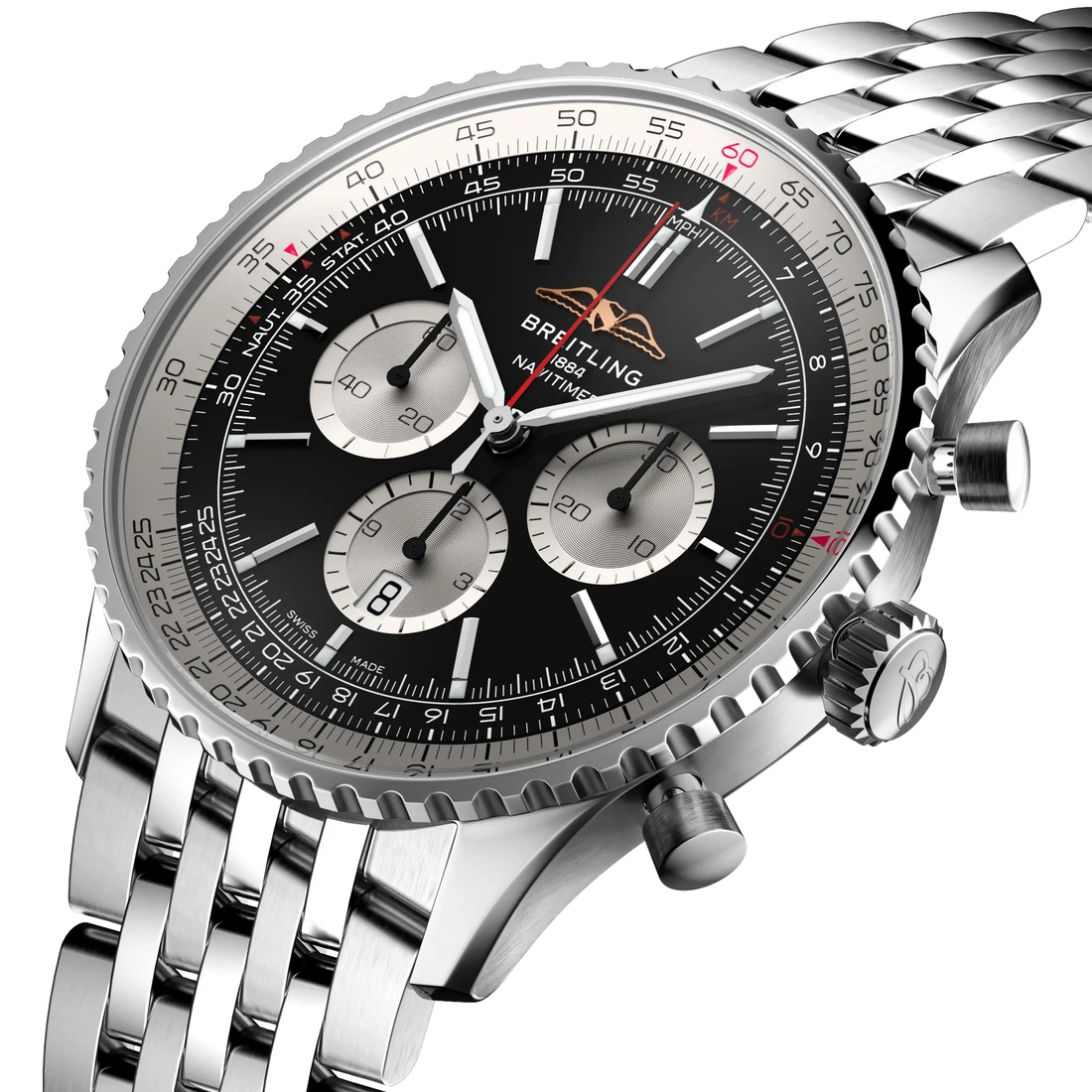 Breitling Navitimer B01 Chronograph 46 reference AB0137211B1A1 with Black dial, Stainless steel case, bracelet, three-quarter view