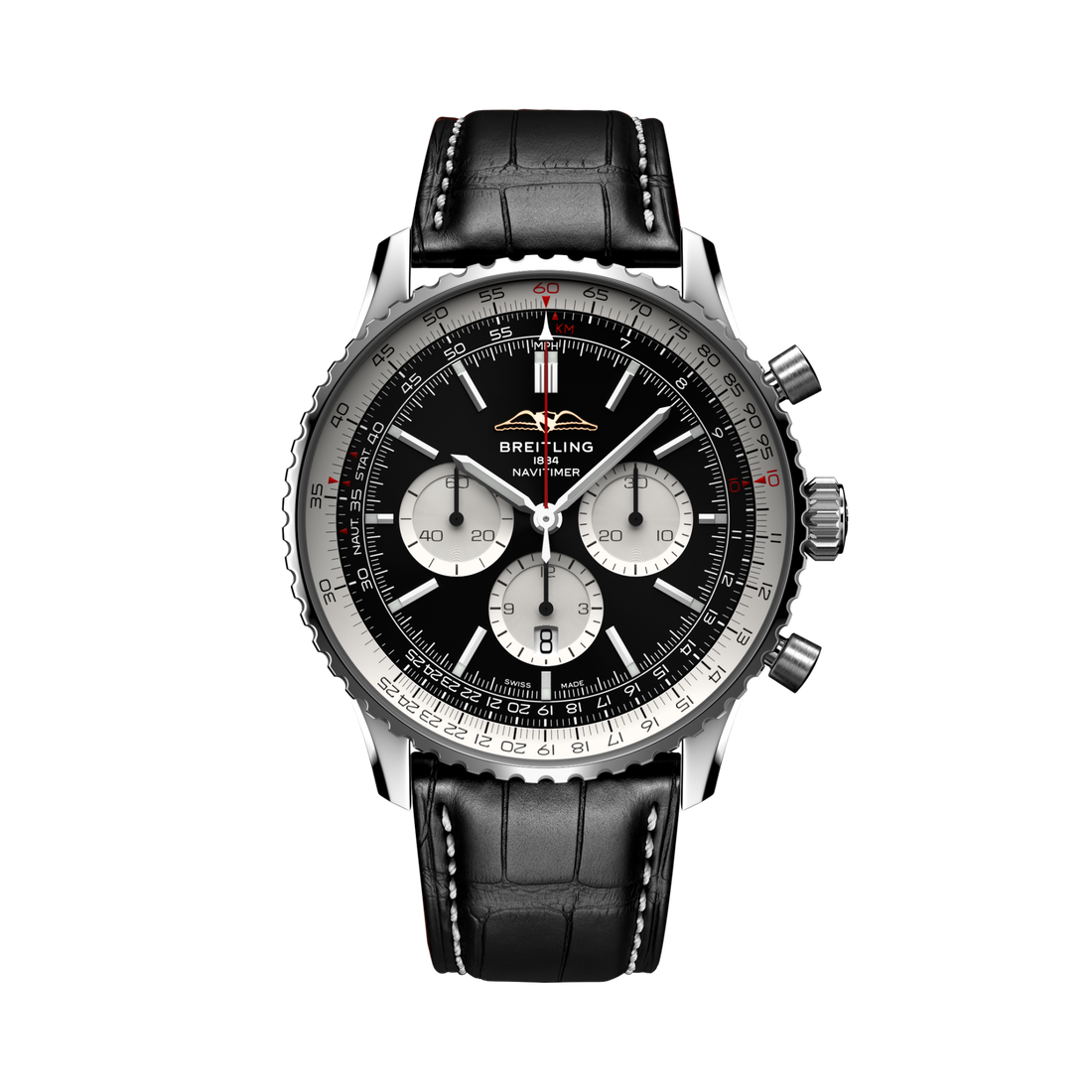 Breitling Navitimer B01 Chronograph 46 reference AB0137211B1P1 with Black dial, Stainless steel case, black alligator strap, front view