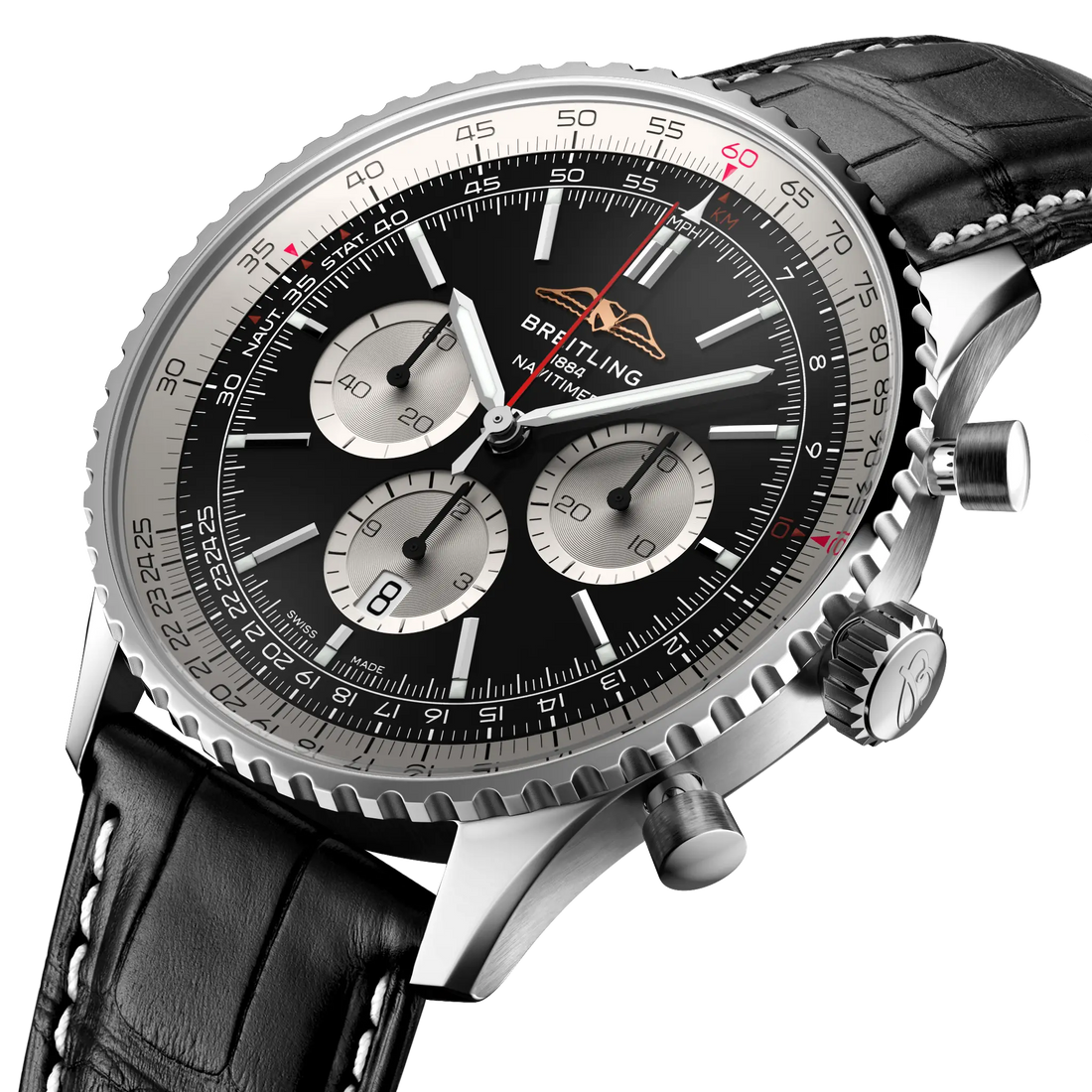 Breitling Navitimer B01 Chronograph 46 reference AB0137211B1P1 with Black dial, Stainless steel case, black alligator strap, three-quarter view