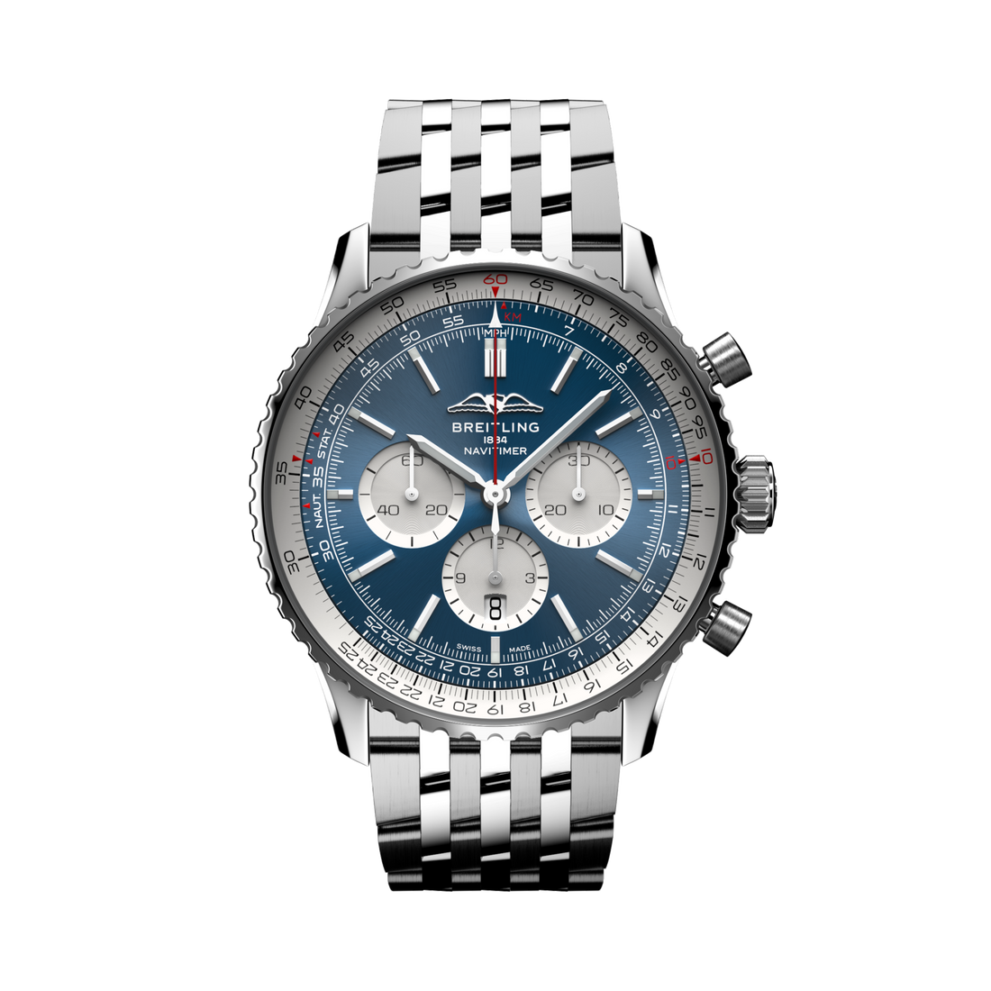 Breitling Navitimer B01 Chronograph 46 reference AB0137211C1A1 with Blue dial, Stainless steel case, bracelet, front view