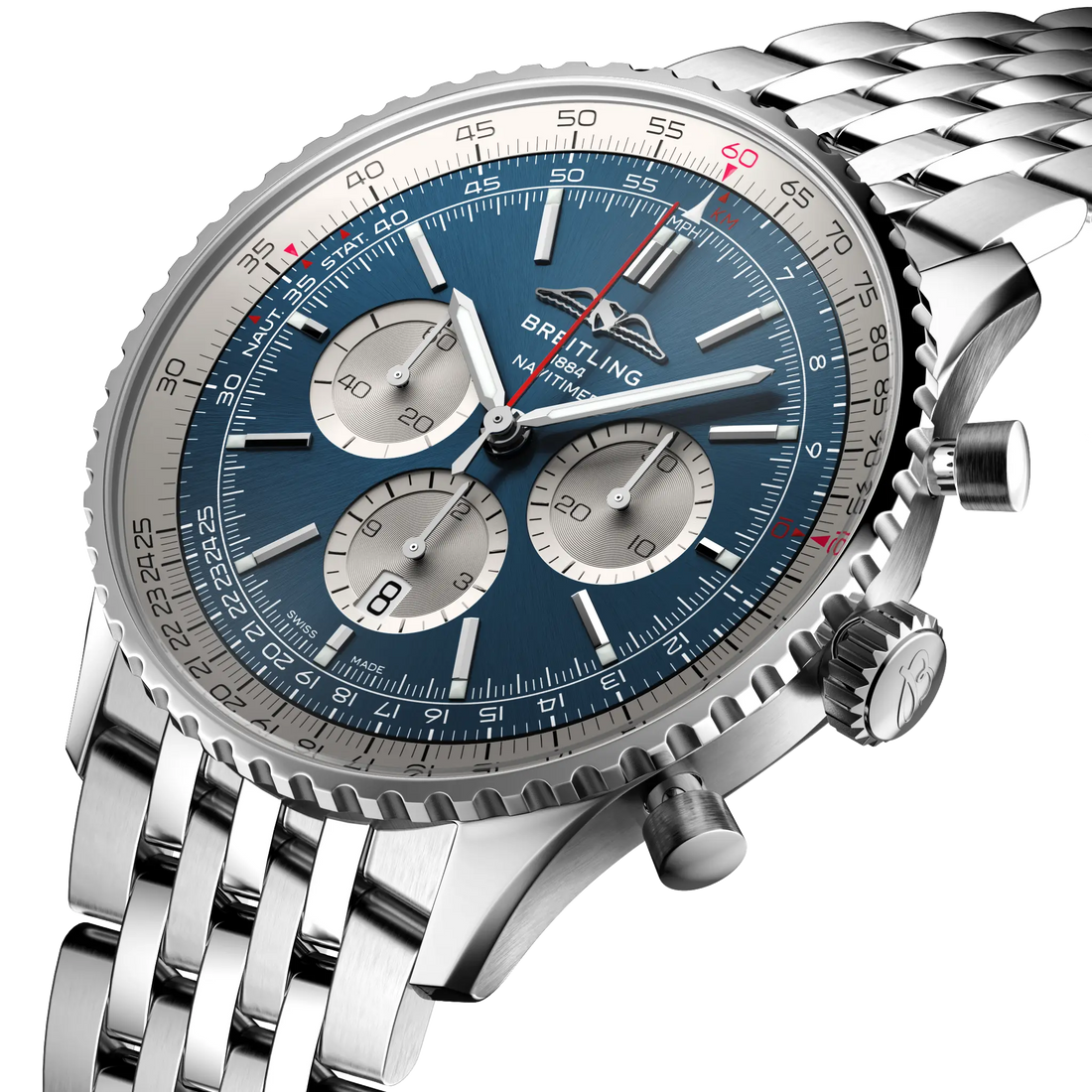 Breitling Navitimer B01 Chronograph 46 reference AB0137211C1A1 with Blue dial, Stainless steel case, bracelet, three-quarter view