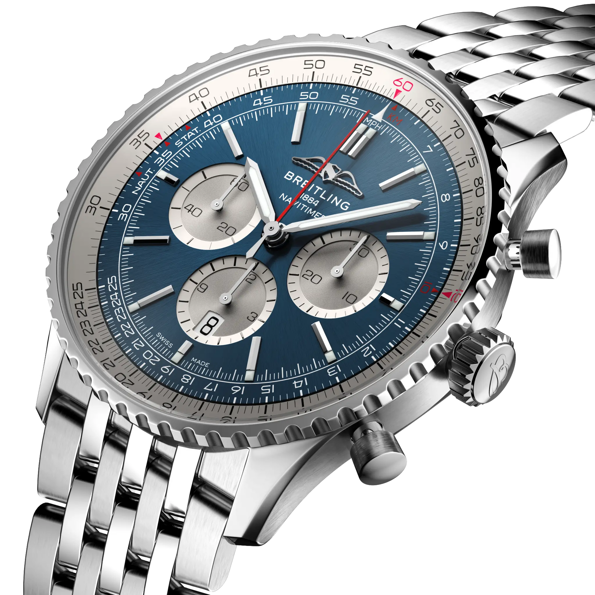 Breitling Navitimer B01 Chronograph 46 reference AB0137211C1A1 with Blue dial, Stainless steel case, bracelet, three-quarter view