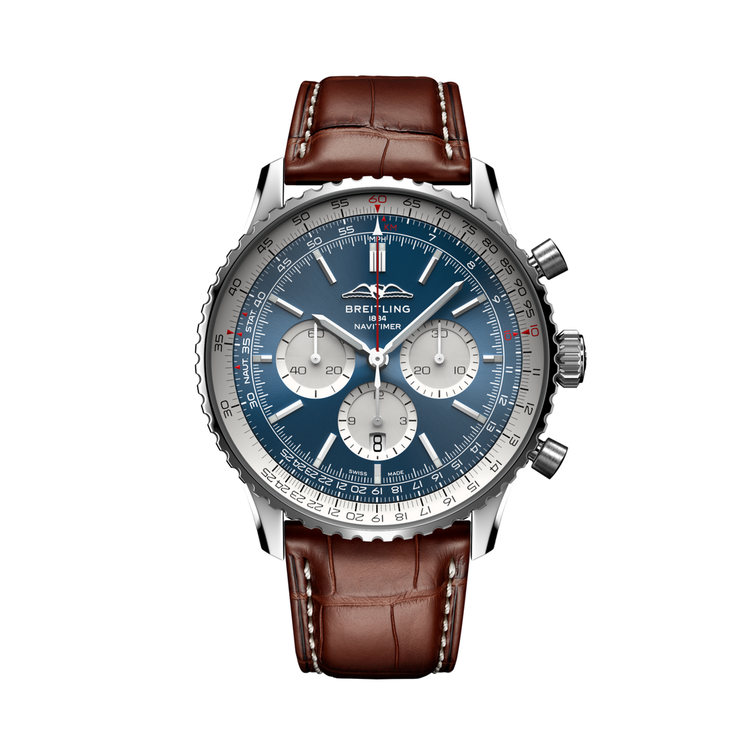 Breitling Navitimer B01 Chronograph 46 reference AB0137211C1P1 with Blue dial, Stainless steel case, alligator strap, front view