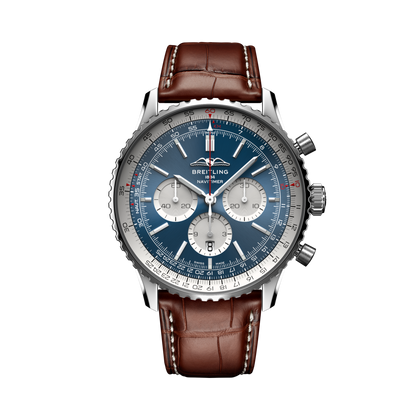 Breitling Navitimer B01 Chronograph 46 reference AB0137211C1P1 with Blue dial, Stainless steel case, alligator strap, front view