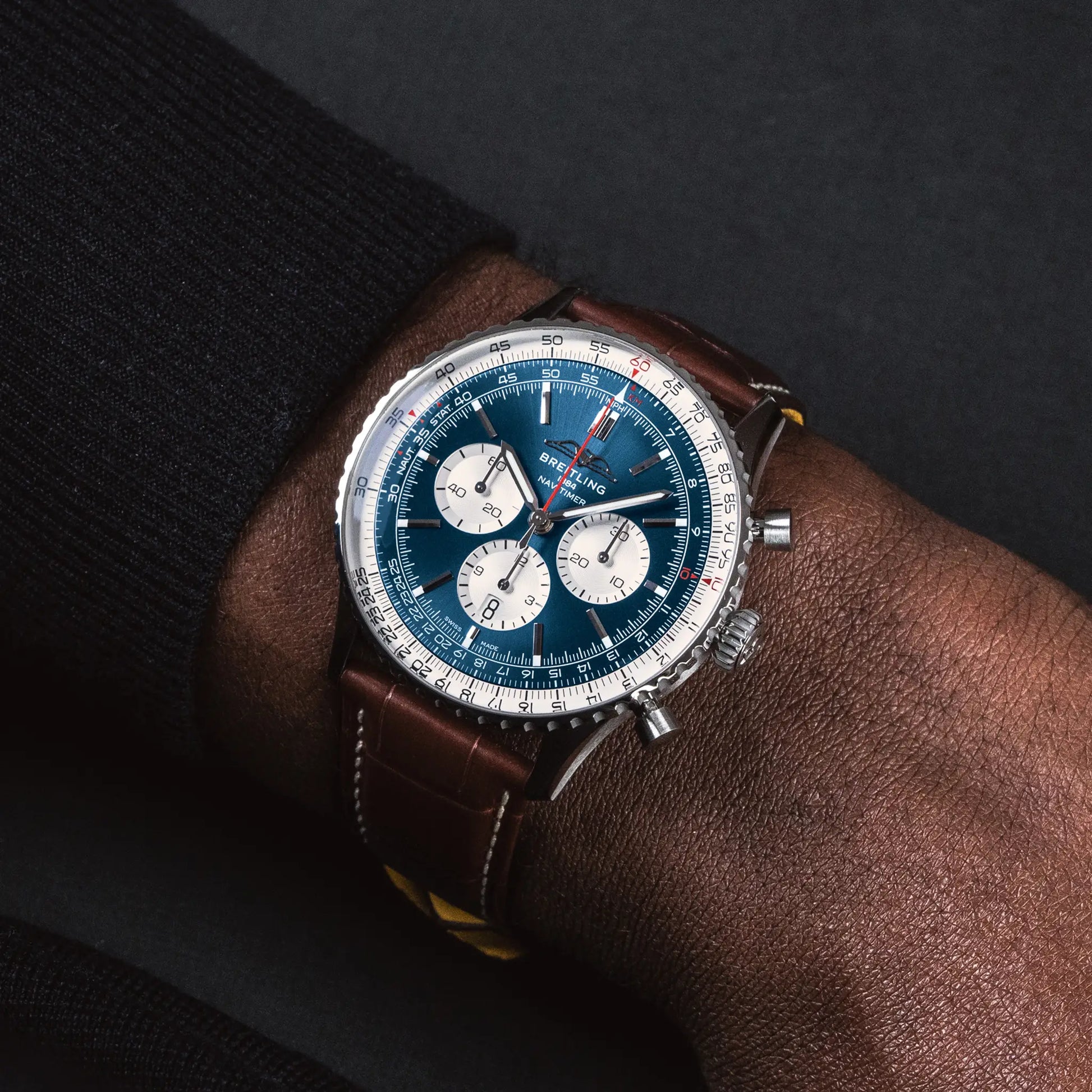 Breitling Navitimer B01 Chronograph 46 reference AB0137211C1P1 with Blue dial, Stainless steel case, alligator strap, on-wrist view