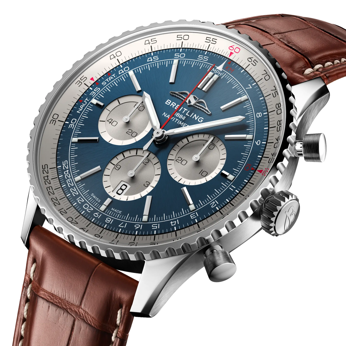 Breitling Navitimer B01 Chronograph 46 reference AB0137211C1P1 with Blue dial, Stainless steel case, alligator strap, three-quarter view