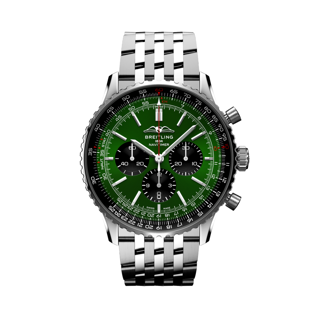 Breitling Navitimer B01 Chronograph 46 reference AB0137241L1A1 with Green dial, Stainless steel case, bracelet, front view