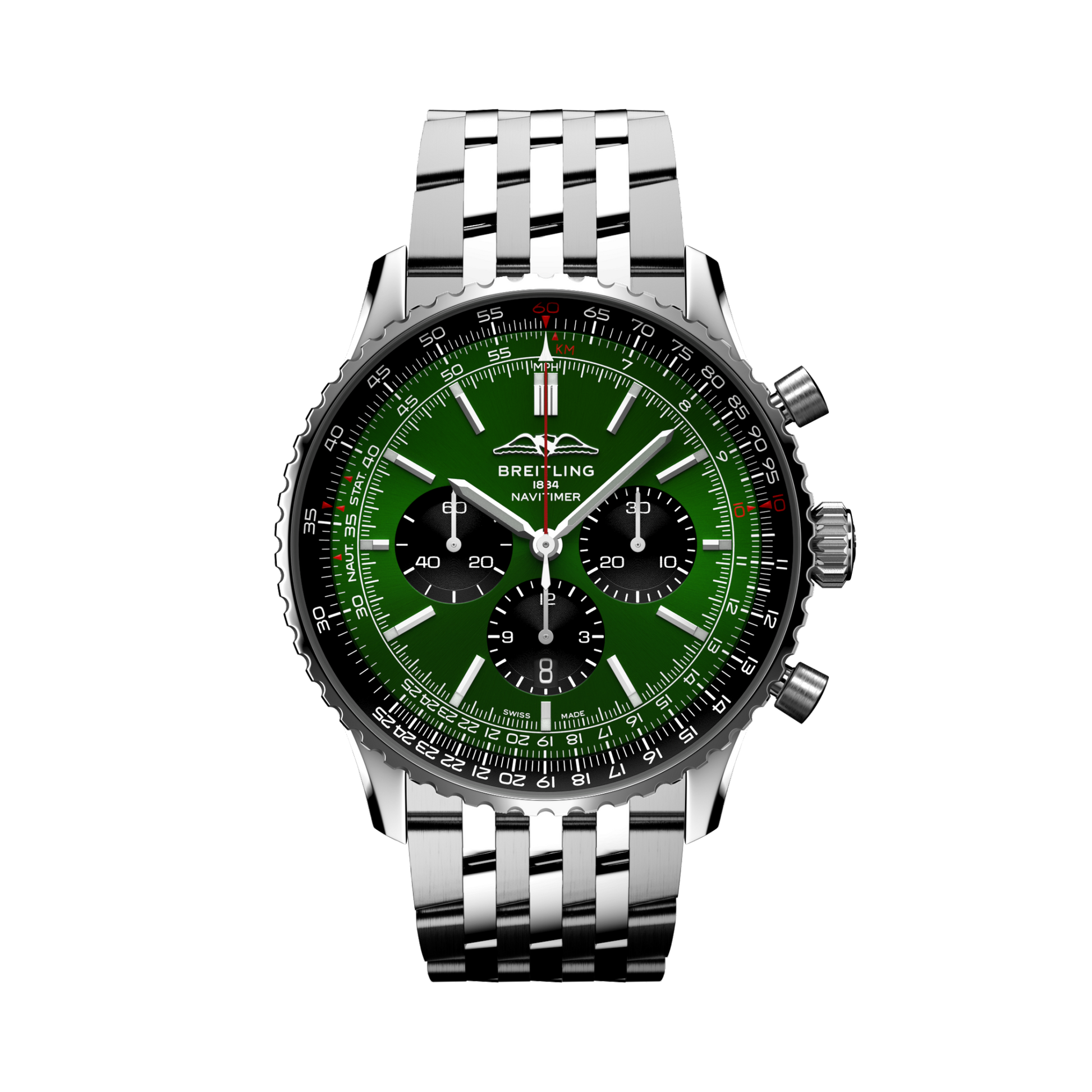 Breitling Navitimer B01 Chronograph 46 reference AB0137241L1A1 with Green dial, Stainless steel case, bracelet, front view