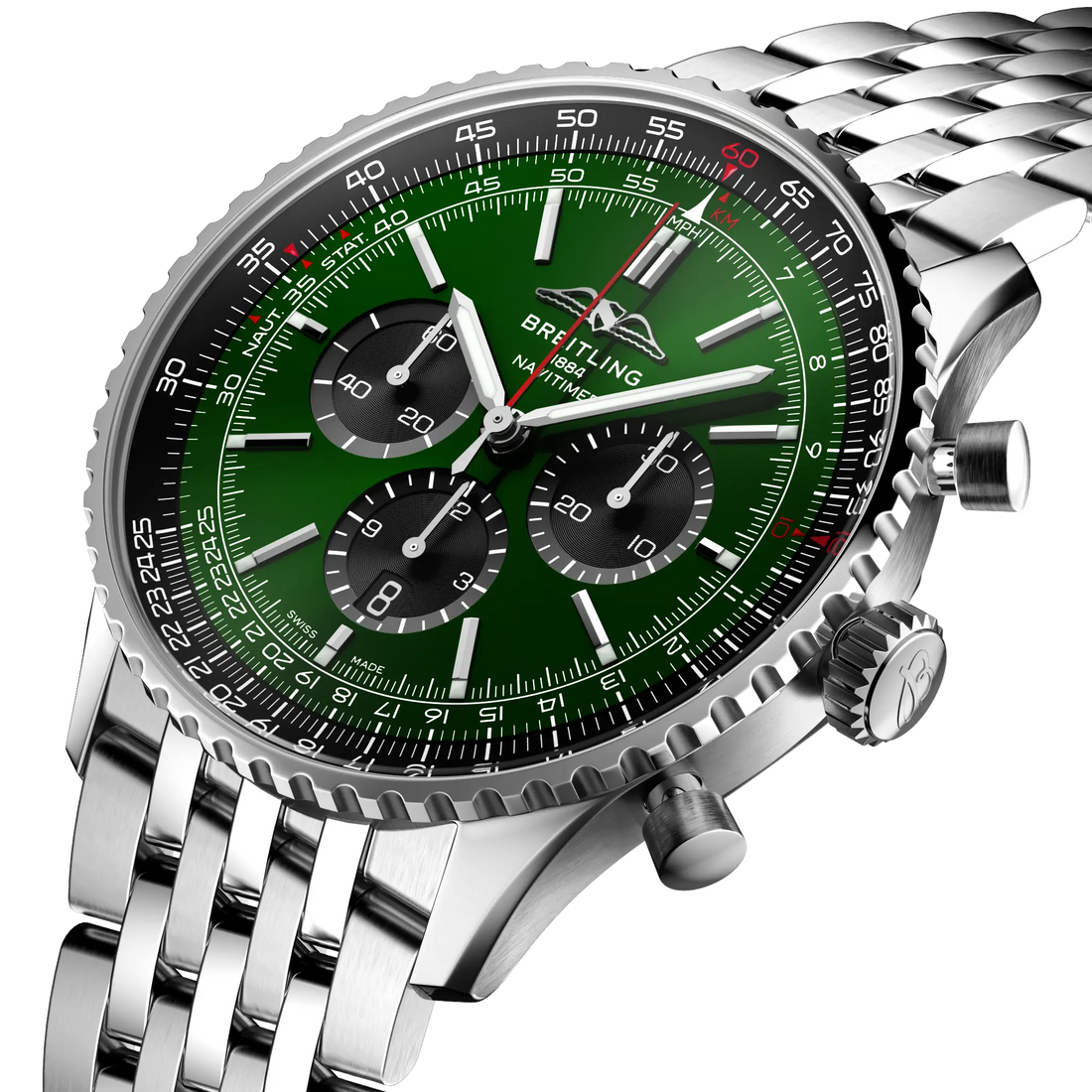 Breitling Navitimer B01 Chronograph 46 reference AB0137241L1A1 with Green dial, Stainless steel case, bracelet, three-quarter view