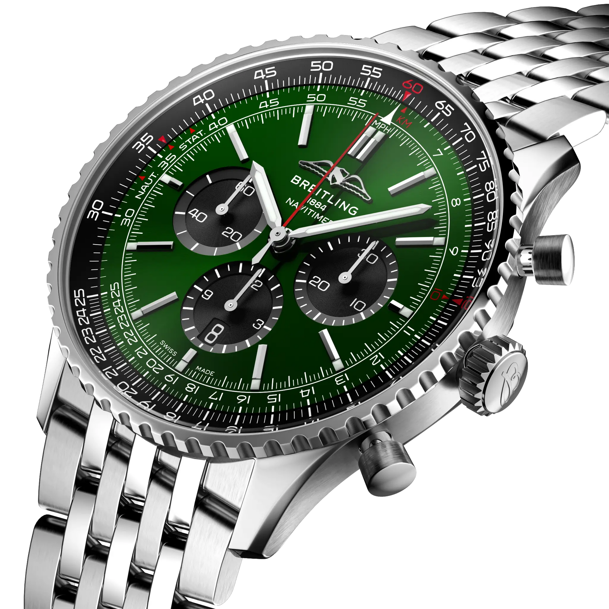Breitling Navitimer B01 Chronograph 46 reference AB0137241L1A1 with Green dial, Stainless steel case, bracelet, three-quarter view