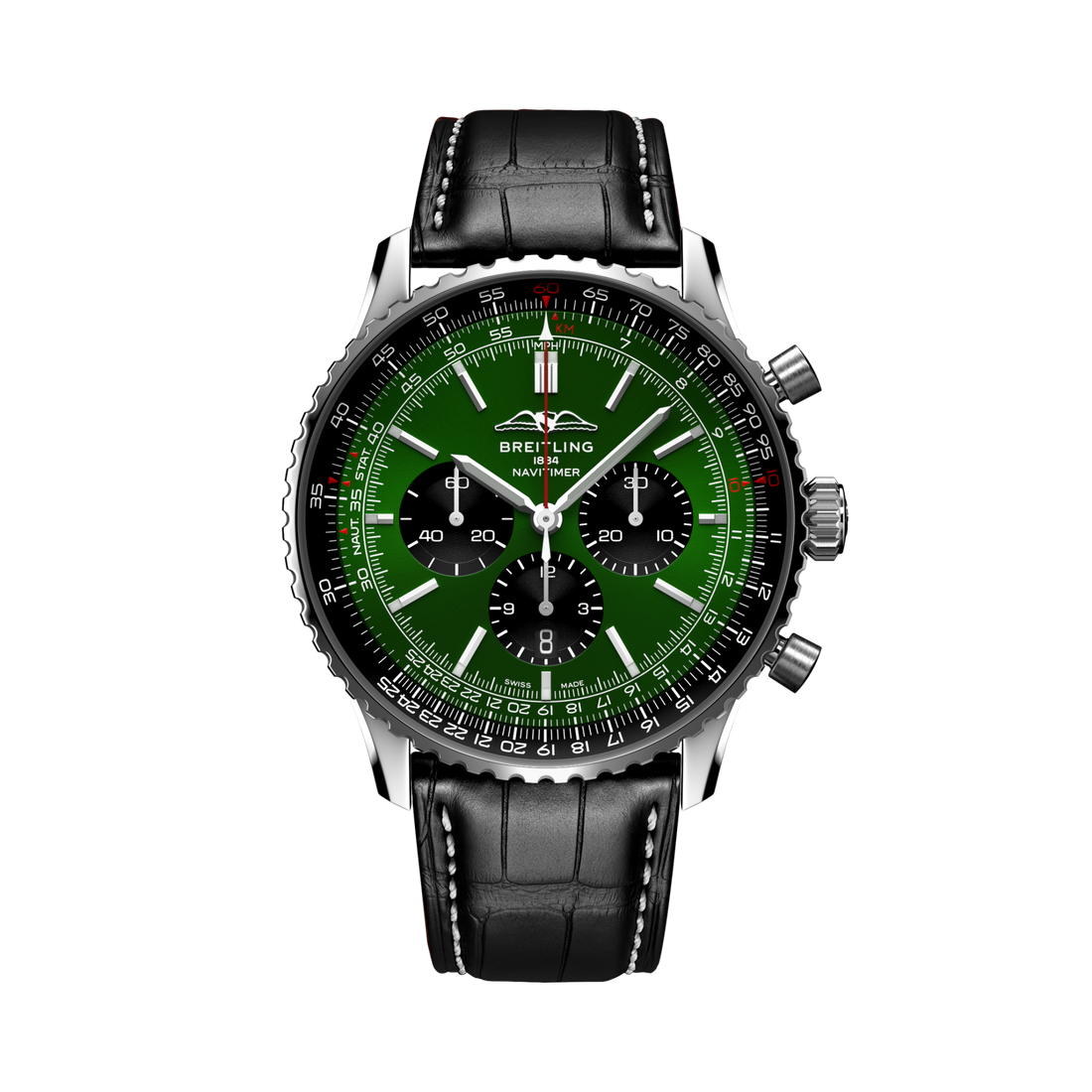 Breitling Navitimer B01 Chronograph 46 reference AB0137241L1P1 with Green dial, Stainless steel case, black alligator strap, front view