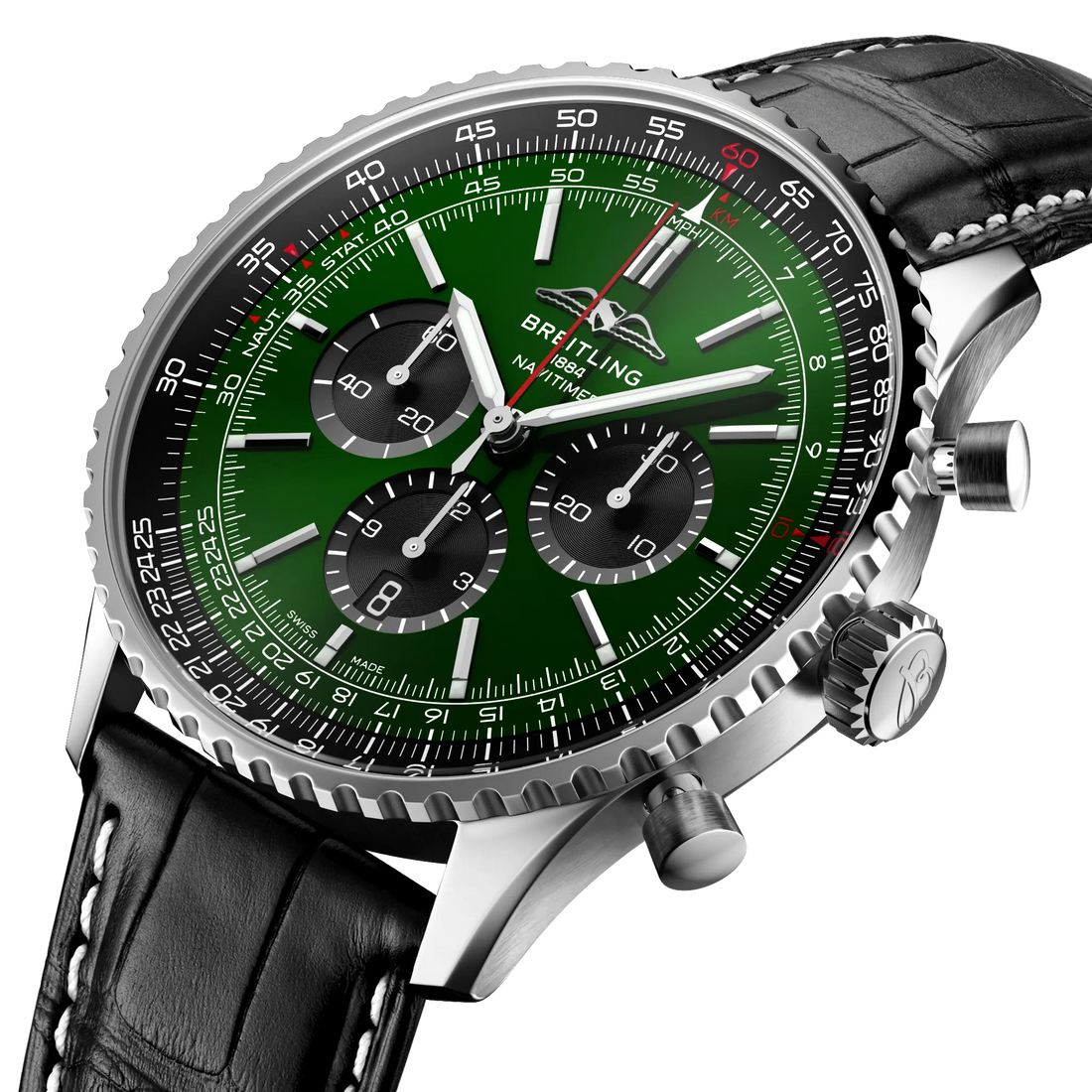 Breitling Navitimer B01 Chronograph 46 reference AB0137241L1P1 with Green dial, Stainless steel case, black alligator strap, three-quarter view