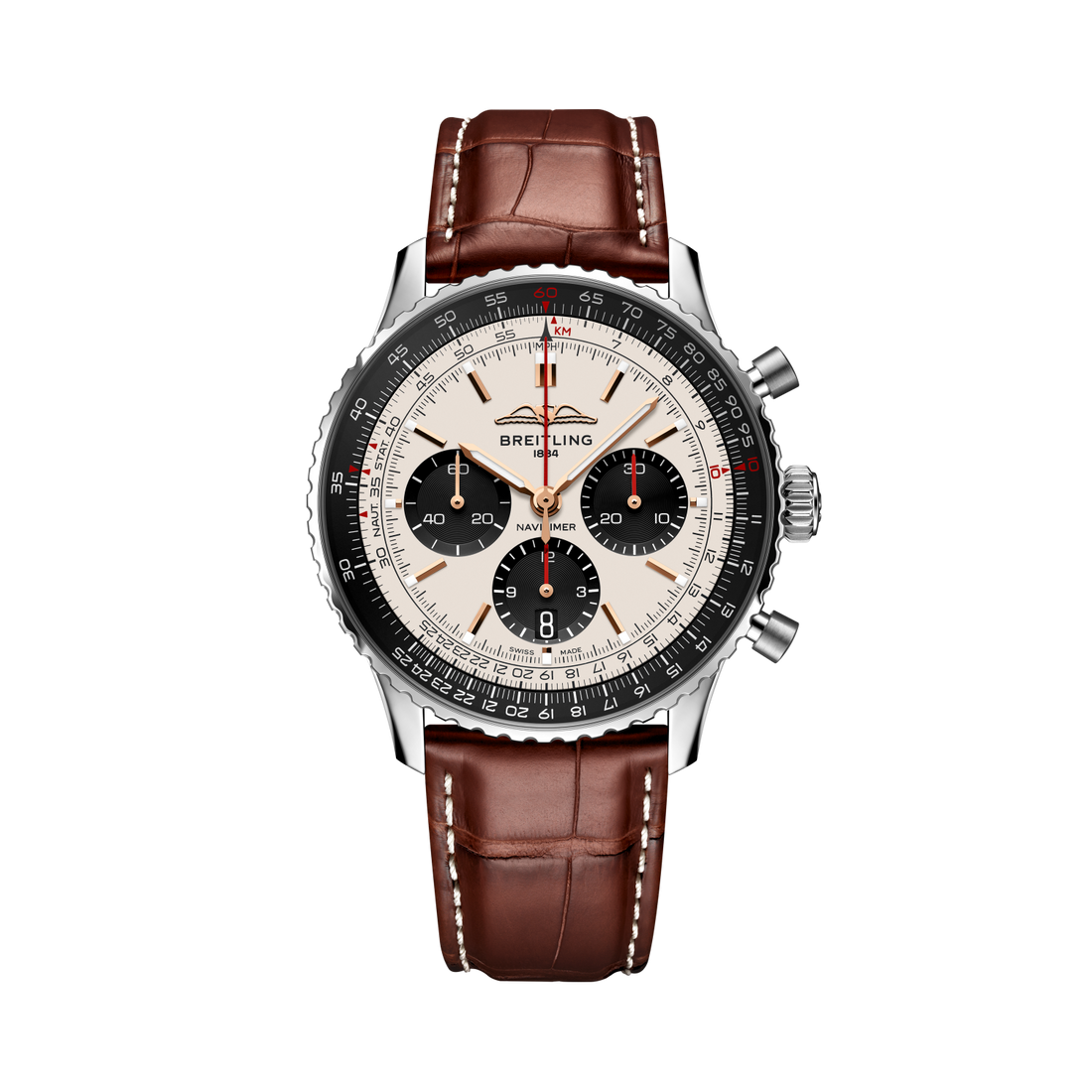 Breitling Navitimer B01 Chronograph 43 reference AB01381E1G1P1 with Silver dial, Stainless steel case, alligator strap, front view