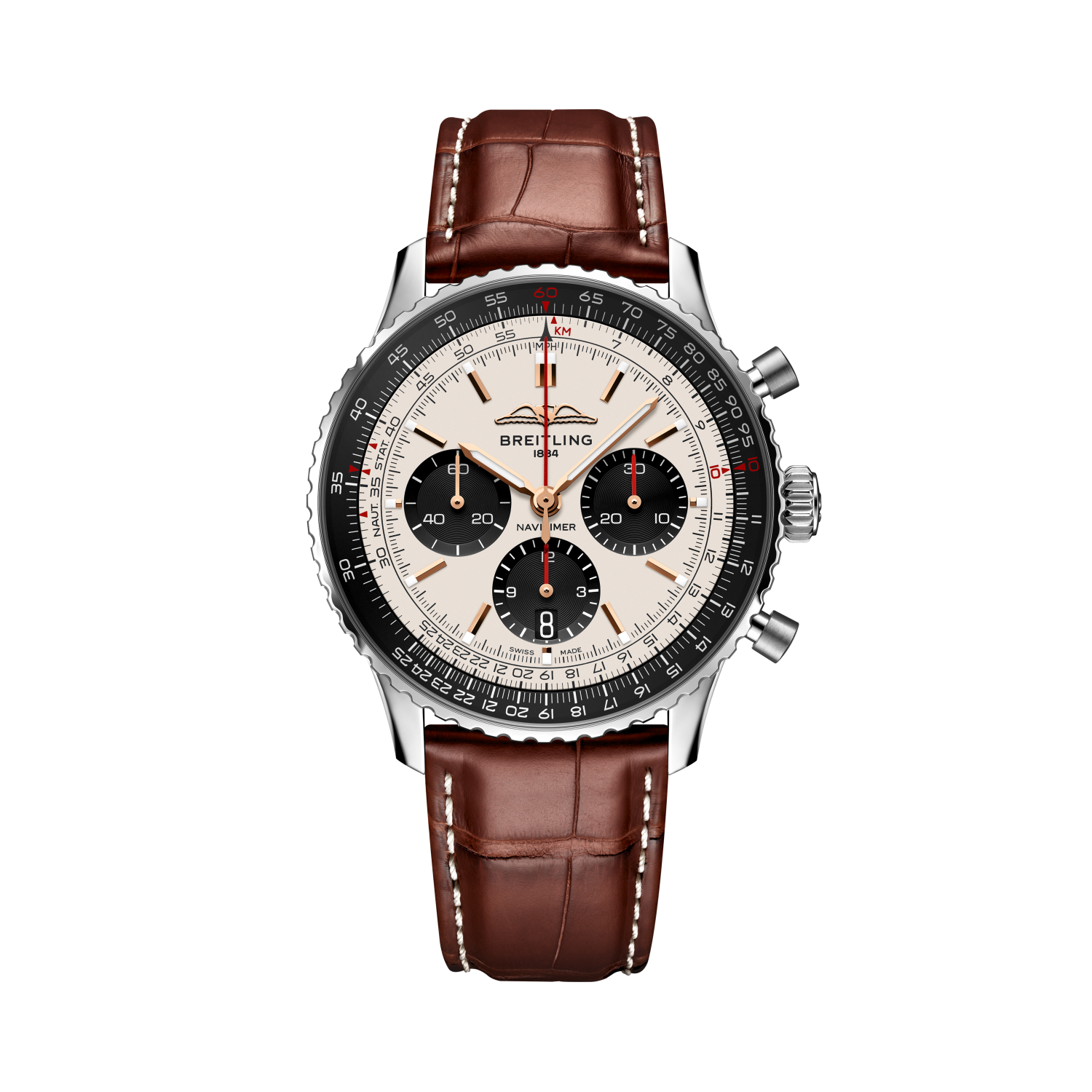 Breitling Navitimer B01 Chronograph 43 reference AB01381E1G1P1 with Silver dial, Stainless steel case, alligator strap, front view