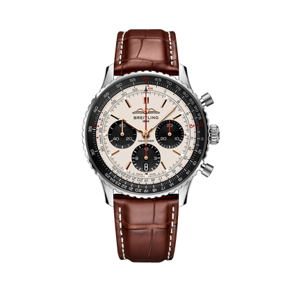 Breitling Navitimer B01 Chronograph 43 reference AB01381E1G1P1 with Silver dial, Stainless steel case, alligator strap, front view