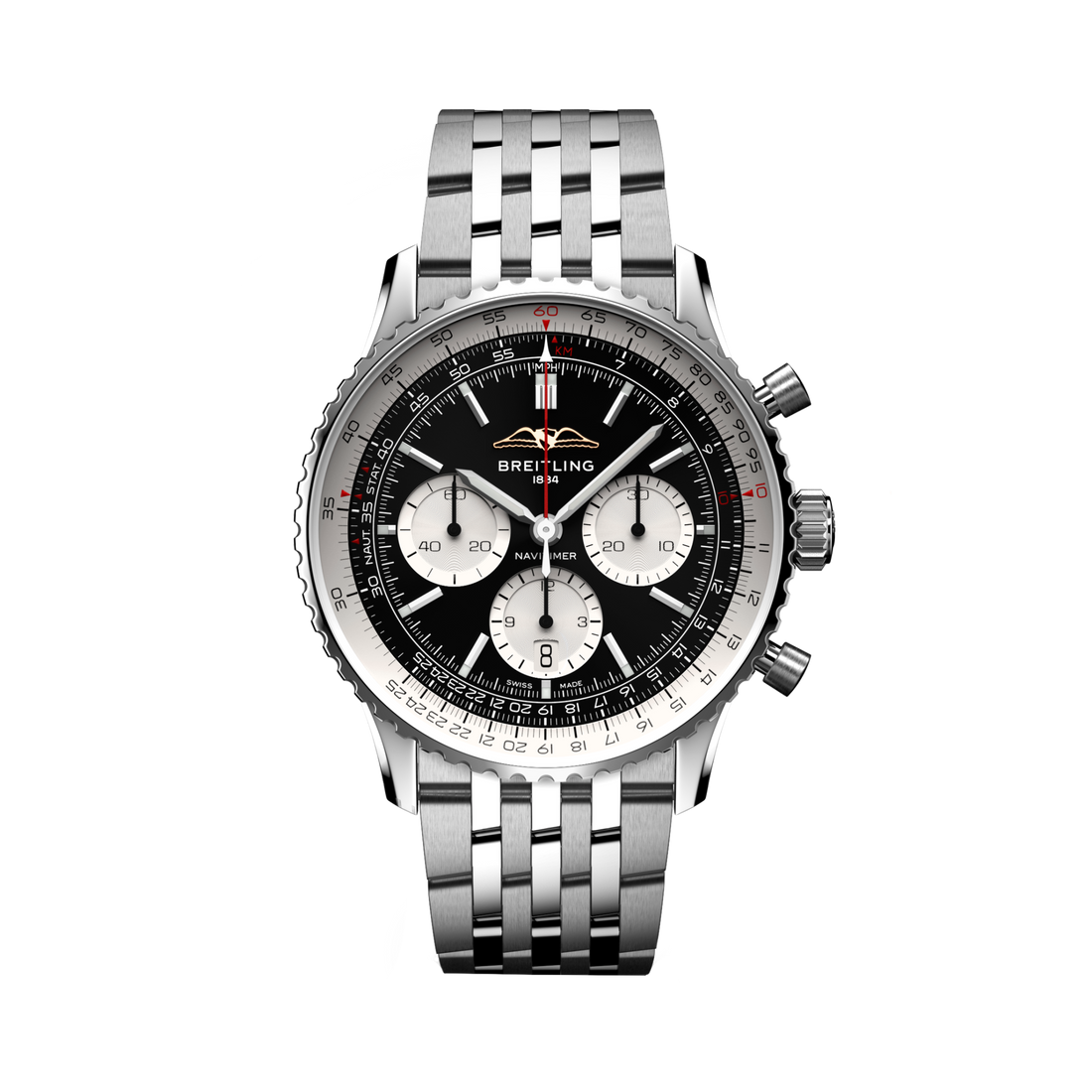 Breitling Navitimer B01 Chronograph 43 reference AB0138211B1A1 with Black dial, Stainless steel case, bracelet, front view