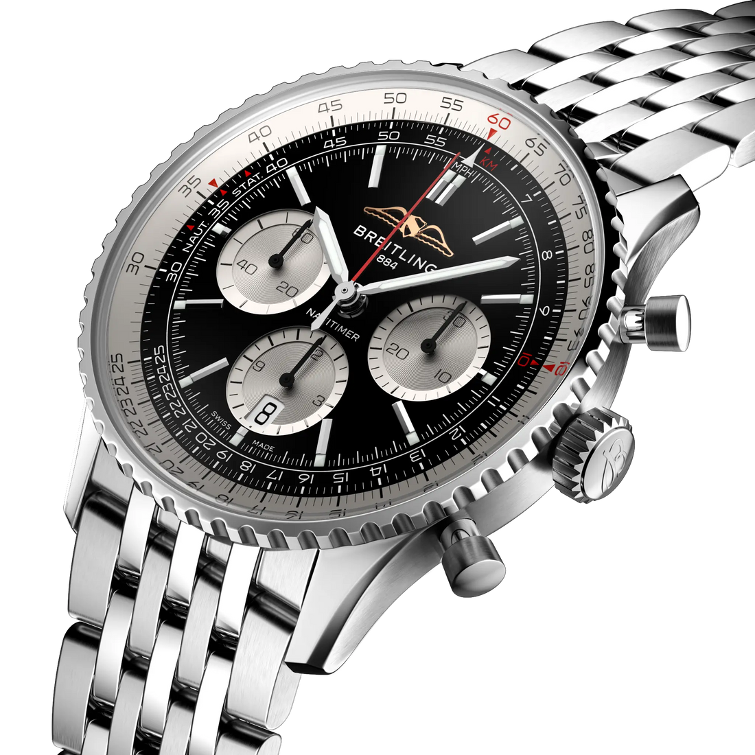 Breitling Navitimer B01 Chronograph 43 reference AB0138211B1A1 with Black dial, Stainless steel case, bracelet, three-quarter view