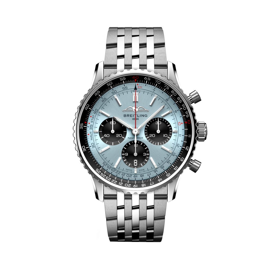 Breitling Navitimer B01 Chronograph 43 reference AB0138241C1A1 with Ice blue dial, Stainless steel case, bracelet, front view