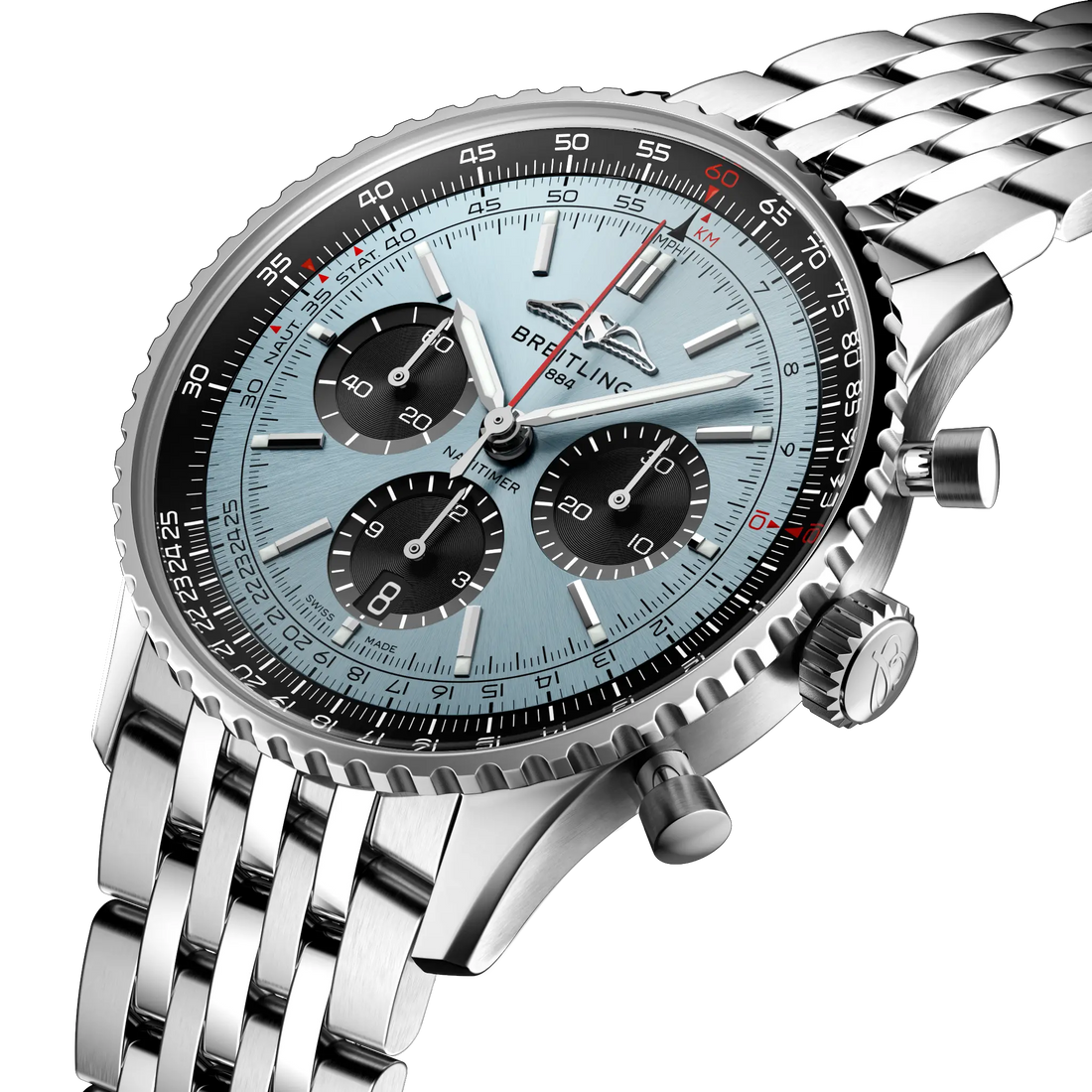 Breitling Navitimer B01 Chronograph 43 reference AB0138241C1A1 with Ice blue dial, Stainless steel case, bracelet, three-quarter view