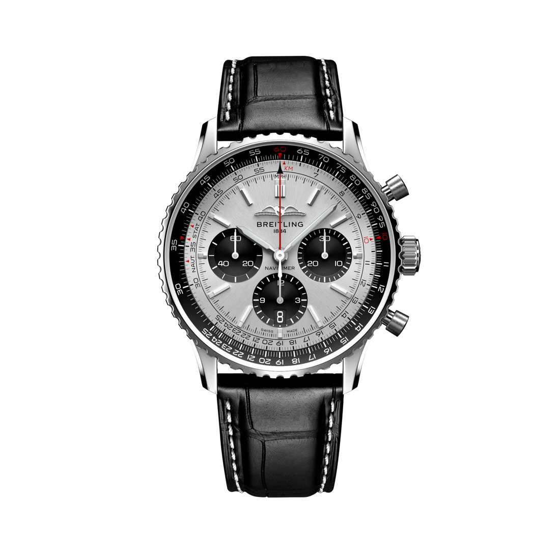 Breitling Navitimer B01 Chronograph 43 reference AB0138241G1P1 with Silver dial, Stainless steel case, black alligator strap, front view