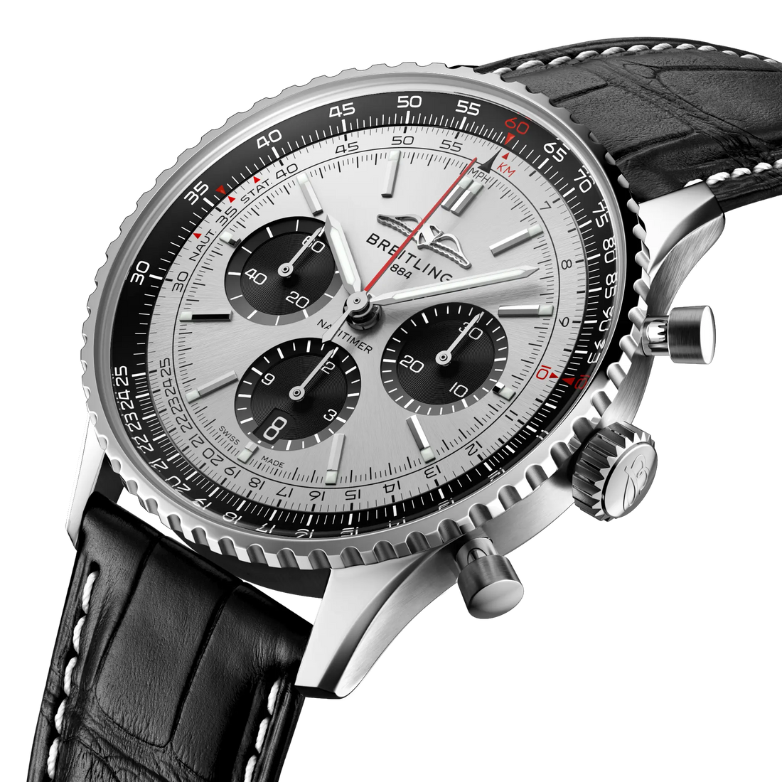 Breitling Navitimer B01 Chronograph 43 reference AB0138241G1P1 with Silver dial, Stainless steel case, black alligator strap, three-quarter view